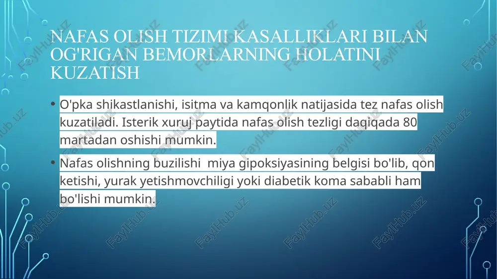 iv o'pka kasalligi, nafas yetishmovchiligi). nafas olish tizimining eng keng tarqalgan kasalliklari. umumiy xarakteristikalar (tonzillit, laringit, traxeit, bronxit, pnevmoniya, plevrit, bronxial astma, surunkali obstruktiv o'pka kasalligi, nafas yetishmovchiligi). traxeit - bu traxeyaning yallig'lanish kasalligi bo'lib, asosan virusli, kamroq bakterial, allergik yoki aralash xarakterga ega bo’ladi. u kamdan-kam hollarda mustaqil patologiya sifatida rivojlanadi, ko'pincha u ikkinchi darajali xarakterga ega - bu patologik jarayon yaqin atrofdagi organlardan traxeyaga o’tadi. bronxit (lot. bronxit, bronx + -itis - yallig'lanish) pastki nafas yo'llarining kasalligi bo'lib, bronxlar shilliq qavatining yallig'lanishi - traxeyadan o'pka alveolalariga o'tuvchi naychalar yalliglanishi bilan tavsiflanadi. yallig'lanish butun bronxial daraxtga yoki uning bir qismiga ta'sir qilishi mumkin. pnevmoniyadan farqli o'laroq, u alveolalarga ta'sir qilmaydi. bronxitning belgilari yo'tal va balg’am ajralishi, buning natijasida bronxial giperreaktivlik, xirillash va nafas qisilishi shaklida nafas olish qiyinlishuvi paydo bo'lishi mumkin. kasallikning davomiyligiga ko'ra, bronxit o'tkir va surunkali bo'linadi, surunkali bronxitning kuchayishi esa o'tkir bronxitdan farq qiladigan kasallikdir. bu …
