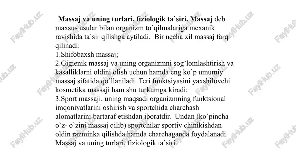 hil bosim kuchi ta’sirida amalga oshirilib, uning tinchlantiruvchi va qo’zgatuvchi usullari bor. tinchlantiruvchi (tormozli) usulida i, ii va i-iii barmoqlarning yostiqchalari yordamida tanlangan nuqtada uzluksiz, sekin-astalik bilan yuzaki, aylanma harakatlar bajariladi. ta’sirlar nuqtaning tubiga etganda huddi elektr toki o’tayotgandek qizish, uvushish, yoqimli ogriq, bo’shashish his-tuygulari paydo bo’ladi, shundan keyin bosimni pasaytirib, barmoqlar ushlab turiladi va yana yuzaki nozik harakatlar bilan massaj qilinadi (2-4 minutgacha). massaj muolajasi 3-4 marta, qo’lni olmasdan qaytariladi. qo’zgatuvchi usul qo’zgatuvchi usul qisqa, kuchli va barmoqni tezlikda bosib olish bilan amalga oshiriladi. ta’sir etish vaqti 1-60 sekundgacha va undan ortiq davom etishi mumkin. bu massaj bemorlarda individual, kasallikning klinik kechishini hisobga olgan holda qo’llaniladi. spazm holatlari, reflektor qo’zgaluvchanlikning susayishi oqibatida bo’shashgan mushaqlarni mustahkamlash, ularda qon aylanish, modda almashinuvini yahshilash va izdan chiqqan harakat funktsiyalarini tiklashda nuqtali massaj tezkor vosita sifatida keng qo’llaniladi. bu massaj turida nuqtalarni tanlash mushak guruhlarining shikastlanish sohalariga bohliq bo’ladi. nuqtalarning joylashuvi to’qimalarning asab …