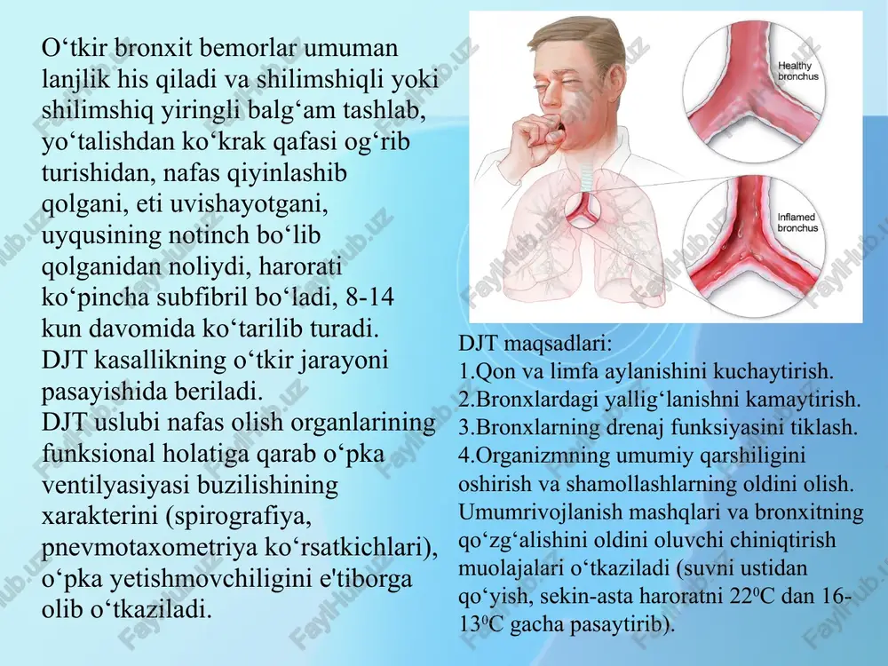 iya belgilari, ba'zan qattiq bosh og‘rig‘i, ko‘p terlash, ko‘ngil aynishi, qusish, dispeptik hodisalar, yaxshi uxlay olmaslik, havo yetishmaslik sezgisi, harsillash kabi klinik belgilar qayd etiladi. o‘choqli pnevmoniya - bronxlar yallig‘lanishi, o‘pkaning bir qismi va alohida bo‘lagi zararlanadi. kasallik asta-sekin boshlanib, tana harorati bir necha kun ichida 390s-400sgacha ko‘tariladi. bemorlarda nafas siqish, yonbosh sohada og‘riq, yo‘talga shikoyat qilishadi. kasallik 3-4 haftaga cho‘zilib, tana harorati asta - sekin pasayadi, yo‘tal va yuzaki nafas olishi yo‘qoladi. nimjon bemorlarda kasallik uzoq muddat davom etishi, hamda plevrit va surunkali bronxitga aylanishi mumkin. davolash: kasalni alohida ajratish, xonani shamollatish, krovatning bosh tomoni ko‘garilgan holatda bo‘lishi kerak, ko‘prok suyuqliklar, suyuq ovqat iste'mol qilish, kuchli antibiotiklardan klaforan penisillin, streptomisin, aspirin beriladi va simptomatik davolash qo‘llaniladi. djt ni maqsadlari: 1. tashqi nafas olishni to‘liq tiklash, nafas rezervlarini oshirish, yuklamani bajarishni yetarli bo‘lishi uchun, maktab va uy tartibini bog‘liqligi bilan. 2. harakat sferasini tiklash va meyorlash. 3. organizmni pospesifik qarshiligini …