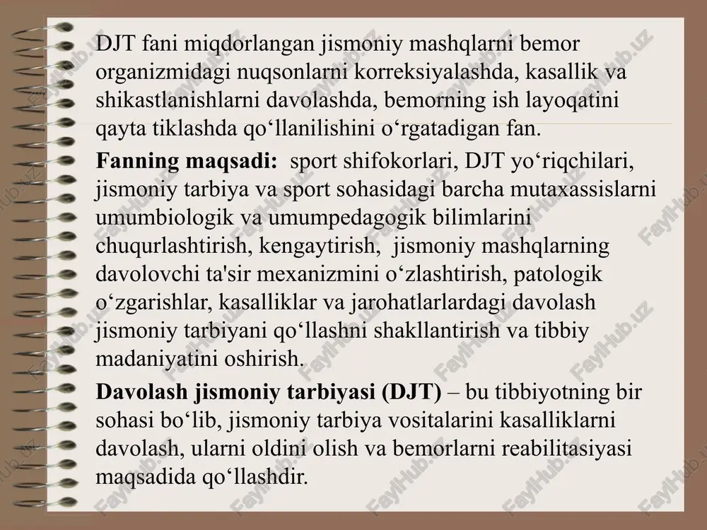 aniladi. kompensasiya jarayonlarini boshqarilishi reflektor mexanizmlar orqali sodir bo‘ladi. kompensasiyaning shakllanish yo‘llari p.k.anoxin tamonidan ishlab chiqilgan uning nazariyasiga ko‘ra, faoliyati buzilgan a'zolar haqida signallar markaziy asab tizimiga keladi, natijada organlar ishini kompensasiyasi boshlanadi. kompensator jarayonlar chegaralangan bo‘lganligi uchun jismoniy mashqlar qat'iy tartibda va to‘g‘ri miqdorlangan bo‘lishi shart. kompensator jarayonlar vaqtinchalik hamda doimiy bo‘ladi. vaqtinchalik kompensasiya - bu organizmning qandaydir qisqa muddatga moslashishi, masalan ko‘krak qafasi jarrohligidagi diafragmal nafasning kuchayishi. doimiy kompensasiya - bu yo‘qotilgan harakat funksiyalarni o‘rnini to‘ldirish. kompensasiyaning shakllanishi zararlanmagan organ yoki qismning kuchli ishlashi hisobiga yuzaga keladi. oshqozon-ichak trakti, buyraklar, moddalar almashinuvi kasalliklarida kompensasiyaning shakllanishi anchagina qiyinchilikni tug‘diradi. xulosa qilib shuni aytish kerakki, jismoniy mashqlar bilan doimiy shug‘ullanmaslik yoki noto‘g‘ri shug‘ullanish natijasida kompensator mexanizmlarda kuchli uzulishlar yoki yangi kasalliklar paydo qiladi. djtni qo‘llashga ko‘rsatma va qarshi ko‘rsatmalar. davolash jismoniy tarbiyasini qo‘llash hamma kasalliklarda: ichki kasalliklar, nerv va jarrohlik, jarohatlar va boshqalarda o‘z samarasini beradi. jismoniy mashqlarning turlicha davolovchi …