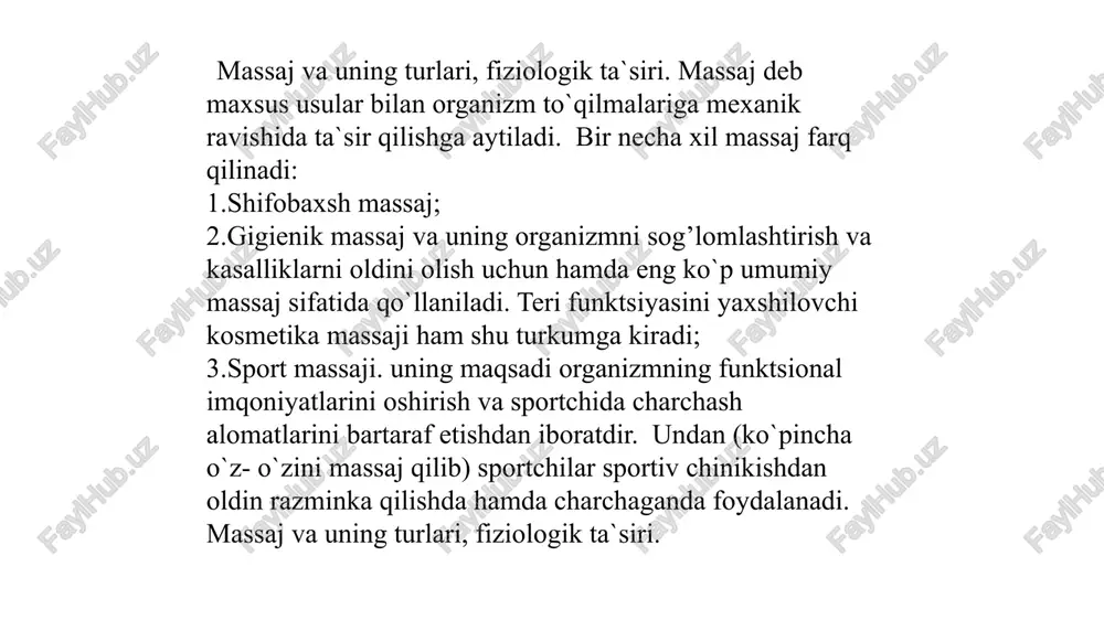 kuchi ta’sirida amalga oshirilib, uning tinchlantiruvchi va qo’zgatuvchi usullari bor. tinchlantiruvchi (tormozli) usulida i, ii va i-iii barmoqlarning yostiqchalari yordamida tanlangan nuqtada uzluksiz, sekin-astalik bilan yuzaki, aylanma harakatlar bajariladi. ta’sirlar nuqtaning tubiga etganda huddi elektr toki o’tayotgandek qizish, uvushish, yoqimli ogriq, bo’shashish his-tuygulari paydo bo’ladi, shundan keyin bosimni pasaytirib, barmoqlar ushlab turiladi va yana yuzaki nozik harakatlar bilan massaj qilinadi (2-4 minutgacha). massaj muolajasi 3-4 marta, qo’lni olmasdan qaytariladi. qo’zgatuvchi usul qo’zgatuvchi usul qisqa, kuchli va barmoqni tezlikda bosib olish bilan amalga oshiriladi. ta’sir etish vaqti 1-60 sekundgacha va undan ortiq davom etishi mumkin. bu massaj bemorlarda individual, kasallikning klinik kechishini hisobga olgan holda qo’llaniladi. spazm holatlari, reflektor qo’zgaluvchanlikning susayishi oqibatida bo’shashgan mushaqlarni mustahkamlash, ularda qon aylanish, modda almashinuvini yahshilash va izdan chiqqan harakat funktsiyalarini tiklashda nuqtali massaj tezkor vosita sifatida keng qo’llaniladi. bu massaj turida nuqtalarni tanlash mushak guruhlarining shikastlanish sohalariga bohliq bo’ladi. nuqtalarning joylashuvi to’qimalarning asab ustunlari va …