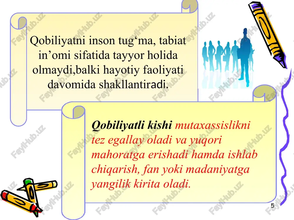 ining jarangdorligi, uning pauza, mantiqiy urg`uga rioya qilishi, qobiliyatli o‘qituvchining nutqi darsda hamisha o‘quvchilarga qaratilgan bo‘ladi. o‘qituvchi yangi materialni tushuntirayotgan, o‘quvchining javobini tahlil qilayotgan, ma’qullayotgan yoki qoralayotgan bo‘lsa ham uning nutqi hamisha o‘zining ichki kuchi, ishonchi, o‘zi gapirayotgan narsaga qaratilganligi bilan ajralib turadi. fikrlar ifodasi o‘quvchi uchun aniq, sodda, tushunarli bo‘ladi. 14 5. tashkilotchilik qobiliyati – sinf-guruh yoki jamoani uyushtirish va uni boshqarish iste’dodi. tashkilotchilik o‘quvchilarni xilma-xil faoliyat turiga jalb qilish uchun asos hisoblanadi. bu qobiliyat, birinchidan o‘quvchilar jamoasini uyushtirish, jipslashtirish, muhim vazifalarni hal etishga ruhlantirish bo‘lsa, ikkinchidan, o‘z shaxsiy ishini to‘g`ri uyushtirish qobiliyatidir. 6. obro‘ga ega bo‘lishlik qobiliyati - o‘zining shaxsiy xususiyati, bilimdonligi, aql-farosatliligi, mustahkam irodasi bilan obro‘ orttirish uquvchanligi. fanda bu qobiliyat turi – avtoritar qobiliyat, deb ham yuritiladi. obro‘ga ega bo‘lish o‘qituvchi shaxsiy sifatlarining butun bir kompleksiga, chunonchi, uning irodaviy sifatlariga (dadilligi, chidamliligi, qat’iyligi, talabchanligi va hokazo), shuningdek, o‘quvchilarga ta’lim hamda tarbiya berish mas’uliyatini his etishga, bu …
