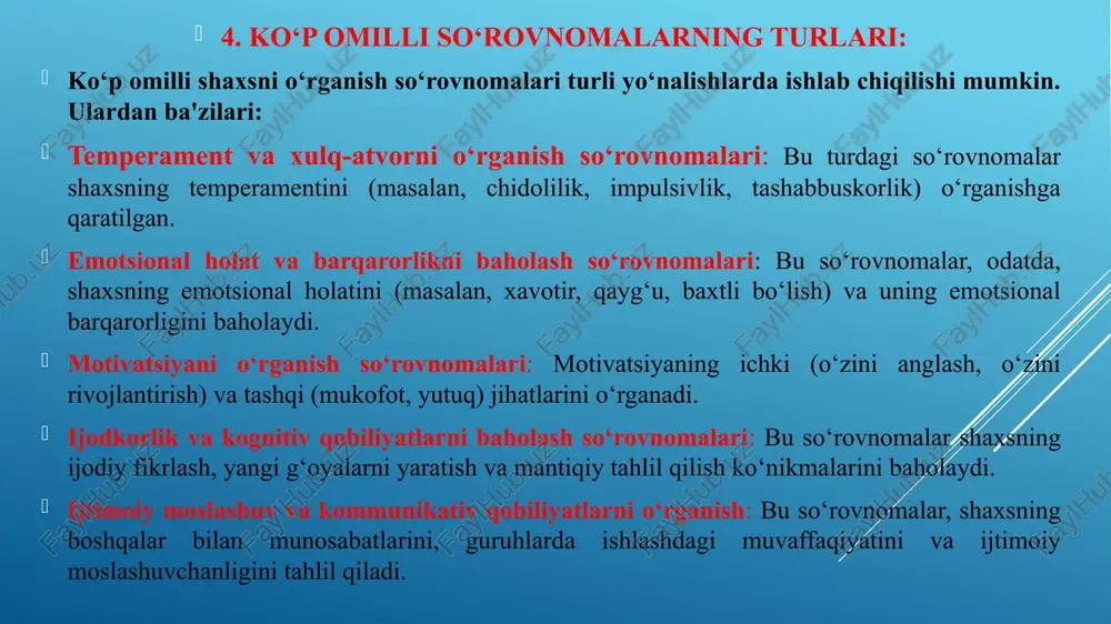 axsning ikki asosiy xususiyatiga (ekstraversiya-introversiya va neyrotizm) e'tibor qaratadi. epi ikki omil asosida shaxsni baholashga qaratilgan: ekstraversiya: bu omil shaxsning jamoatdagi faoliyati, odamlar bilan muloqoti va ijtimoiy faoliyatlarga qiziqishi darajasini o‘lchaydi. ekstravert shaxslar odatda faol, ochiq va energiya bilan to‘la bo‘ladi, introvertlar esa ichki olamiga ko‘proq e'tibor berishadi. neyrotizm: bu omil shaxsning hissiy barqarorligi yoki noaniqligini o‘lchaydi. neyrotizm darajasi yuqori bo‘lgan shaxslar tez-tez xavotirlanish, g‘am-tashvish, va ruhiy beqarorlikni boshdan kechiradi. 2. eysenck personality questionnaire (epq) eysenck personality questionnaire (epq) — bu epi ni kengaytirilgan shaklidir va shaxsning yana bir nechta xususiyatlarini o‘rganish uchun ishlatiladi. epq asosan quyidagi uchta asosiy omilga asoslanadi: ekstraversiya (e): epi dagi kabi, shaxsning jamoatdagi faoliyati va ijtimoiy muloqotini o‘lchaydi. neyrotizm (n): epi dagi kabi, shaxsning hissiy barqarorligini yoki beqarorligini baholaydi. psixotivizm (p): bu yangi omil bo‘lib, shaxsning g‘ayrioddiy, antisosial, va o‘ziga xos xulq-atvorini o‘lchaydi. psixotivizm darajasi yuqori bo‘lgan shaxslar ko‘pincha boshqalar bilan o‘zaro munosabatlarda oddiylik va …