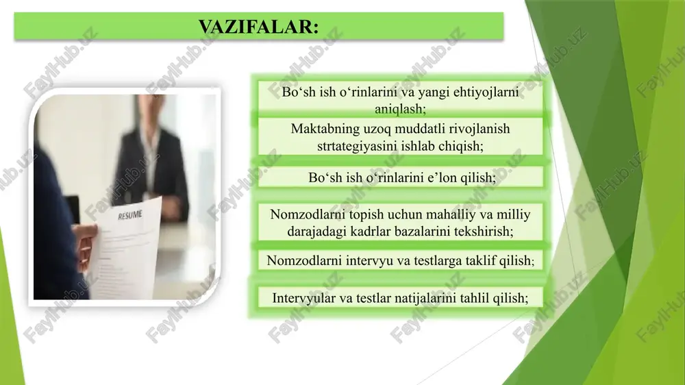 lab chiqilishi lozim. 4. o‘qituvchilarni tanlashda shaffoflik va adolatni ta’minlash uchun onlayn tanlov va testlar qo‘llanishi zarur. 5. pedagoglarni rag‘batlantirish uchun turli mukofotlar va motivatsion dasturlar joriy qilish kerak. 2. pedagog xodimlarni professionallik asosida dars mashg'ulotlarini tashkil etishi, stressga chidamlilik va ma'naviy xususiyatlar hamda ochiq tanlov, adolatlilik, shaffoflik tamoyillaridan foydalangan holda ishga qabul qilish tizimini joriy qilish 4. o'quv yili davomida faollik ko'rsatgan, o'z ustida ishlab mahoratini oshirib borgan pedagog xodimlarni moddiy va ma`naviy rag'batlantirib borish dasturlarini ishlab chiqish 3. yosh mutaxassislar uchun pedagogik mahorat va notiqlik dasturlarini joriy etish va “ustoz shogirt an`anasi” ga amal qilish. maktablarda seleksiya (saralash) jarayonini o‘tkazish uchun ma’lum bir mexanizm (tartib) ishlab chiqish t/r muammo muammoning amalga oshirish mexanizmi mas’ullar muddati kutilayotgan natija 1 o`qittuvchi va o`quvchilar bilan nizoliy vaziyatlarning mavjudligi hamda o`quvchilarning o`zlashtirishdagi qiyinchilaklar. attestatsiya natijalarini o`rganish oliy ta`lm muasssalariga kirish o`rtacha ballarining ko`rsatkichining pastligi ota ona tomonidan salbiy turdagi murojaatlarning ko`pligi tanlov …