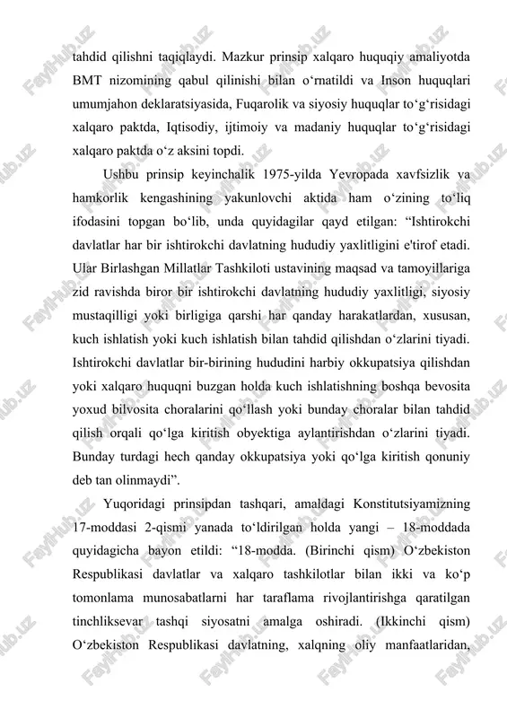 inchidan, o‘zbekistonning dunyoga ochiqligini, oldindan bashorat qilish mumkin bo‘lgan davlat ekanini va uzoq-yaqindagi davlatlar bilan hamkorlik uchun hamisha tayyorligini o‘zida yaqqol mujassam etadi. ushbu norma xorijiy sheriklarimiz bilan munosabatlarda so‘nggi 5-6 yildan buyon erishgan yutuqlarni saqlab qolish va yanada mustahkamlash imkonini beradi. xalqaro shartnomalar – milliy huquq tizimining ajralmas qismi. yangi tahrirdagi konstitutsiyamizda xalqimizning ertangi farovon hayoti uchun mustahkam huquqiy asos hamda ishonchli kafolat sifatida qator yangi normalar mustahkamlab qo‘yilmoqdaki, ularning zamirida mustaqilligimizni asrab-avaylash va uni yanada mustahkamlash, kelajak avlodlarga ozod va erkin vatan qoldirish, xalq manfaatlari yo‘lida ko‘zlangan islohotlardan ortga qaytmaslik, qonun va adolat ustuvorligi, insonga e‘tibor va g‘amxo‘rlik kabi muhim qadriyatlar mujassam. ana shunday normalardan biri 15-moddaning uchinchi va to‘rtinchi qismiga kiritilgan qo‘shimchalar bo‘lib, ularga ko‘ra o‘zbekiston respublikasining xalqaro shartnomalari xalqaro huquqning umume’tirof etilgan prinsip va normalari bilan bir qatorda o‘zbekiston respublikasi huquqiy tizimining tarkibiy qismi sifatida mustahkamlab qo‘yildi. shu bilan birga, agar xalqaro shartnomada qonunlarda nazarda tutilganidan …