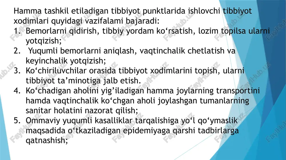 ri ishlashadi. shaharda qoldirilgan smenadagi ishlovchilarning tibbiyot ta’minoti sanoat tamoyiliga asosan olib boriladi. tibbiyot sanitariya qismining o‘zi ham shahardan chetga ko‘chiriladi, dam oluvchi smena va ularning oila a’zolariga tibbiy yordam ko‘rsatadi. shahardagi korxonada ishlovchi smena uchun tibbiyot nuqtasini tashkil qilib beradi. shu tibbiyot nuqtasi yashirin joylarda joylashadi, kerakli dorilar, tibbiy vositalar va uskunalar bilan ta’minlanadi. bemorlar va jarohat olganlarga tibbiy yordam ko‘rsatish maqsadida har 2500 ishlovchi uchun 1 shifokor va 2 o‘rta tibbiyot xodimi ajratiladi. agar smenada ishchilar soni 2500 kishidan kam bo‘lsa, unda 1-2 ta o‘rta tibbiyot xodimi ajratiladi. shunday qilib har bir smena uchun biriktirilgan tibbiyot xodimlari bo‘lib, ular smenaga ishchilar bilan birga kelib, yana qaytib ketadilar. bundan tashqari, smenada qancha ishlovchilar bomishidan qat’iy nazar tibbiyot punkti uchun bitta sanitar transporti ajratiladi. mabodo yonma-yon joylashgan 2-3 ta korxonalarda ishlovchilar soni oz bo’lsa, unda umumiy bitta tibbiyot nuqtasi tashkil etilishi mumkin. shu tibbiyot nuqtasining qayerda joylanishini, tibbiyot xodimlari va …