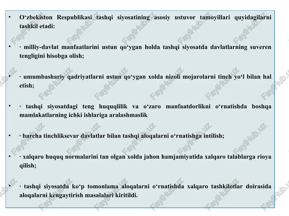 bitimlar hamda kollektiv xavfsizlik to'g'risida shartnoma (khsh) imzolandi. 1994-yil 21-oktyabrda moskvada o'tkazilgan mdh davlat boshliqlari kengashida asosiy e'tibor iqtisodiy integratsiya masalalariga qaratildi. mazkur kengashda davlatlararo iqtisodiy qo'mita (diq) tuzildi. diqning shtab-kvartirasi moskva shahri deb belgilandi. 1991-1999 - yillarda mdh davlat boshliqlarining 25 ga yaqin kengashi o'tkazilib, ularda hammasi bo'lib iqtisodiy, ijtimoiy, harbiy-siyosiy, tashkiliy va umumiy sohalarga oid 1300 ga yaqin masalalar muhokama etilib, tegishli hujjatlar imzolandi. biroq ularning aksariyati qog'ozda qolib ketmoqda. erishilgan ahdlashuvlarni amalga oshirishning samarali mexanizmi yaratilmadi, o'zaro hisob-kitoblar hozirgi kungacha muvofiqlashtirilmadi. 2001-yil 14-15-iyun kunlari xitoyda navbatdagi shanxay sammiti bo'lib o'tdi. unda o'zbekiston respublikasi prezidenti i.karimov qatnashdi va o'zbekistonning «shanxay forumiga» to'la huquqli a'zo bo'lishi to'g'risida bayonot imzolandi. o'zbekistonning «shanxay forumiga» kirishi munosabati bilan uning nomi shanxay hamkorlik tashkiloti (shht) deb o'zgartirildi. sammit yakunida shhtni tuzish to'g'risida deklaratsiya hamda terrorchilik, ayirmachilik va ekstremizmga qarshi kurash borasidagi shanxay konventsiyasi imzolandi. 2002-yil 6-7-iyun kunlari shhtga a'zo mamlakatlar davlat boshliqlarining sankt-peterburg …
