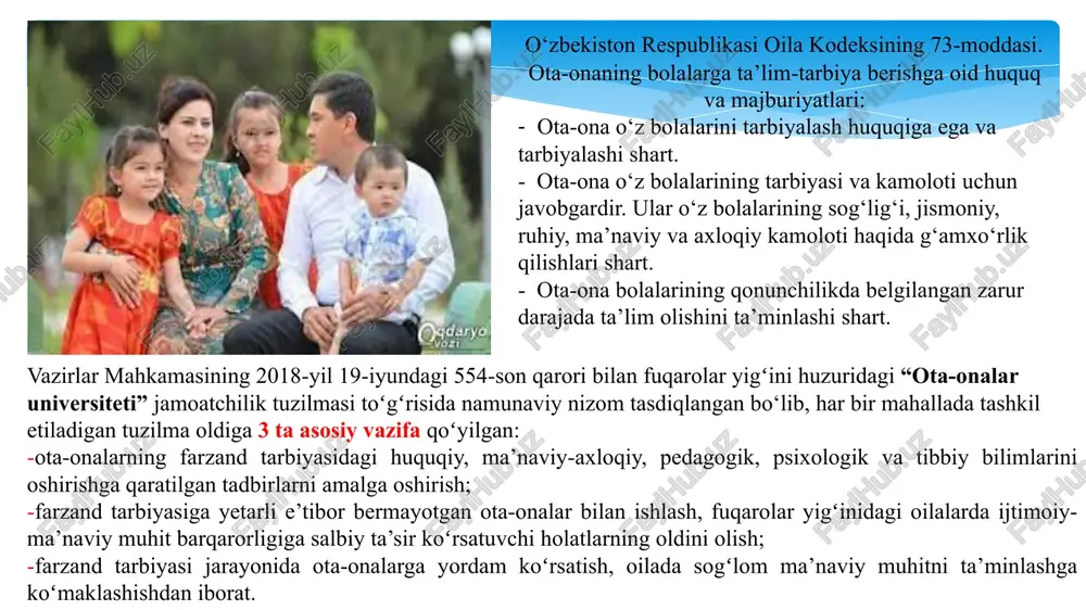 icha individual maslahatlashuvlar, ular davomida bolaning imkoniyatlari va qobiliyatlari haqida ma'lumot beriladi. - talabalarning individual muammolarini hal qilish uchun psixologik-pedagogik yordam xizmati mutaxassislari bilan uchrashuvlar. iii. maqsad iv. vazifa. - maktabda oila-maxalla-ta’lim muassasasi hamkorligi” jamoat kengashlarini tuzish. - jamoat kengashi, ota-onalar tomonidan maktabda ta’lim-tarbiya sifatini o‘rganish va ularni yanada takomillashtirishga doir tadbirlarni amalga oshirish. - maktabda ta’lim-tarbiya jarayoni samaradorligini oshirish, o‘quvchilar davomatini yaxshilash bilan bog‘liq masalalarda jamoat kengashi va ota-onaning o‘rnini kuchaytirish. - o‘quvchi-yoshlarning bo‘sh vaqtlarini mazmunli tashkil etish bo‘yicha fan to‘gaklarini tashkil etish va ularni qiziqishlari bo‘yicha kasb-hunarga yo‘naltirish. - o’quvchining ota-onasi bilan yaqindan hamkorlik o‘rnatish, suhbatlashish, farzand tarbiyasi bo‘yicha pedagogik-psixologik yordam ko‘rsatish markazlarini tashkil erish. - dars vaqtida maktabga bormasdan bemaqsad yurgan, masjidlarga qatnayotgan, bozorlarda turli yumushlar hamda jamoat transportlarida chipta sotish bilan shug‘ullanayotgan o‘quvchilarni aniqlash va ularni o‘qishga qaytarish maqsadida “o‘quvchi” reydlarini o‘tkazish. - maktabda va mahallalarda “oila - muqaddas tushuncha”, “oilaviy an’analar”, “ota va ona - …