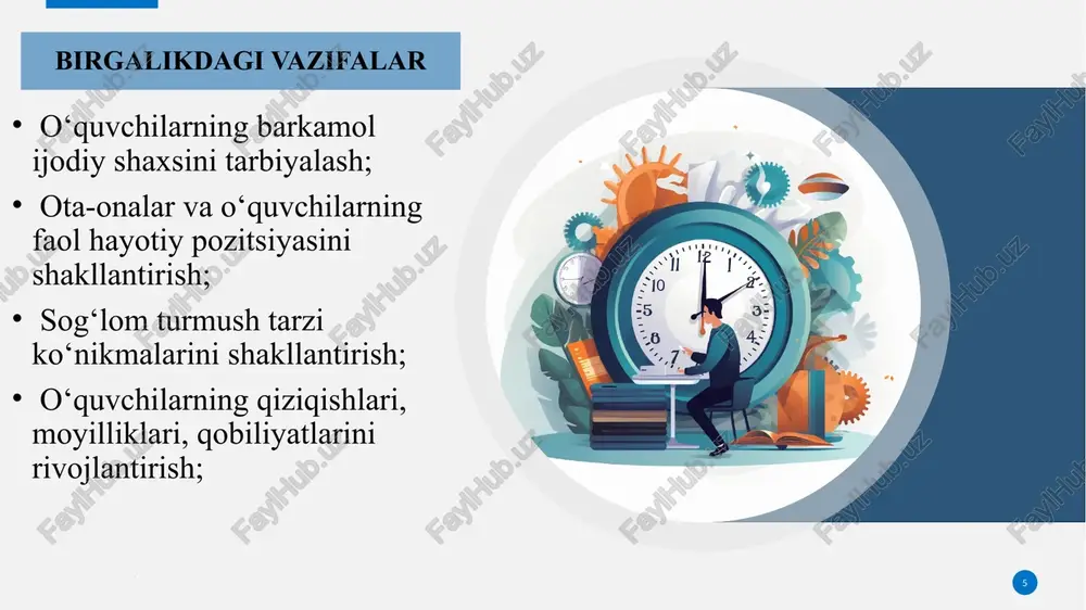 h majburiyatini bajarmasligi uchun bazaviy hisoblash miqdorining 1-5 baravorigacha jarima qo‘llash belgilangan ota-onalarning jarimaga tortmasdan farzandlarining kelajagiga befarq bo‘lmasliklari uchun targ‘ibot tashqiqot ishlarini ko’paytirish kerak eng yaxshi sarmoya bilimga qilingan sarmoyadir benjamen franklin mavzuni qiyosiy tahlil etilganligi 8 xulosa xulosa qilib aytganda, yosh avlodni tarbiyalashda asosiy ta’lim-tarbiya o‘chog‘i bu maktabdir.maktabga har xil oiladan turli xil xulq-atvordagi o‘g‘il-qizlar kelishadi. bularda maktabning qonun va qoidalariga ko‘nikma hosil qilish, jamoa bilan birga bo‘lish odatini shakllantirish juda qiyin hisoblanadi. ana shu narsa oila bilan maktab hamkorlikda o‘tkazsa bolalar xulqidagi salbiy xususiyatlarni bamaslahat hal qilishsa, tarbiyasi yomon o‘quvchi bo‘lmaydi. biz bilamizki hamma narsa mahalladan boshlanadi. yoshlar tarbiyasi ular ma’naviy kamolotining samarali yo‘llaridan biri davlat huquq-targ‘ibot organlari, xalq ta’lim tizimi hamda mahallalarning jamoat tashkilotlarining yaqin hamkorligidir . bo‘lg‘usi kelajakda, jamiyatimizda komil insonni tarbiyalashga har bir oila, mahallaning ahamiyati katta. yoshlarni avlodni yaxshi xulqli, davlat ramzlariga sadoqatli qilib tarbiyalashda ularning yosh jihatlariga, xarakteriga alohida ahamiyat berish kerak, …
