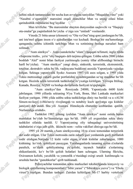 aoliyatidan jamoatchilikning bexabar qolishini keltirib chiqarmoqda. jahon xristianlarini birlashtirish yo‘lidagi muqaddas ruh assosiasiyasi («assosiasiya svyatogo duxa za ob'edinenie mirovogo xristianstva» (asd-omx) bo‘lib, «mun san men birlashtirish cherkovi», «birlashtirish harakati», «munchilar» («munisti») kabi nomlar bilan ham ataladi. birlashtirish cherkovi asoschisi sun m'yung men 1920 yilda shimoliy koreyada mahalliy presviterian cherkoviga e'tiqod qiluvchi dehqon oilasida tug‘ilgan. maktabda o‘qish davrida u pyatidesyatniklar yig‘inlarida qatnashgan. 1936 yili pasxa bayramida unga “vahiy” kelgan: iso masih unga ko‘rinib, uni taxminan 2000 yil avval boshlagan missiyasini yakunlash uchun “tanlangan”ini aytgan. ma'lumotlarga ko‘ra, bu voqea sodir bo‘lganda osmondan: “sen insonlarni halokatdan qutqarasan, sen masihning ikkinchi bor zohir bo‘lishisan!". shu voqea sabab u o‘z ismining birinchi bo‘lagi - sun (ajdarho)ni -san (nur taratuvchi)ga o‘zgartirdi va bu bilan u o‘zini “ilohiy” kelib chiqishini bildirdi. shu yo‘l bilan yangi “payg‘ambar”- mun san men vujudga keldi. mun 1948 yilda ma'naviy buzuqligi, “jamoat tartibini buzganligi” uchun 100 kunga, keyinroq esa qo‘shxotinlik bilan ayblanib …