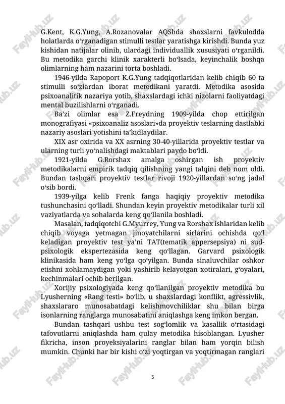 higa v.vund, f.galtonlarning tadqiqotlari ham katta ahamiyat kasb etadi. ular vyursburg psixologiyasida dastlabki eksperimental tadqiqotni o‘tkazganlar. tadqiqot «assosiativ so‘zlar» metodikasi olib borilgan. bunda shaxslardagi xarakter xususiyatlari o‘rganildi. lekin, ko‘plab olimlar fikricha, dastlab proyektiv testlarni k.g.yung ishlatganligi ta’kidlanadi. yung erkin assosiasiyalar testi orqali barcha proyektiv testlar xarakterini ochib berdi. ya’ni bu shaxsni diagnostika qilishni kompleks usuli deb ham tan olindi. 1910-yillarda tadqiqotchilar g.kent, k.g.yung, a.rozanovalar aqshda shaxslarni favkulodda holatlarda o‘rganadigan stimulli testlar yaratishga kirishdi. bunda yuz kishidan natijalar olinib, ulardagi individuallik xususiyati o‘rganildi. bu metodika garchi klinik xarakterli bo‘lsada, keyinchalik boshqa olimlarning ham nazarini torta boshladi. 1946-yilda rapoport k.g.yung tadqiqotlaridan kelib chiqib 60 ta stimulli so‘zlardan iborat metodikani yaratdi. metodika asosida psixoanalitik nazariya yotib, shaxslardagi ichki nizolarni faoliyatdagi mental buzilishlarni o‘rganadi. ba’zi olimlar esa z.freydning 1909-yilda chop ettirilgan monografiyasi «psixoanaliz asoslari»da proyektiv teslarning dastlabki nazariy asoslari yotishini ta’kidlaydilar. xix asr oxirida va xx asrning 30-40-yillarida proyektiv testlar va ularning turli yo‘nalishdagi …