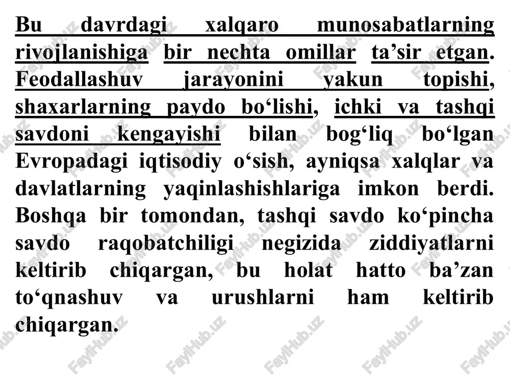 bo‘lmay qoldi. xiii asr oxiri —xiv asr boshlarida papalikning ham siyosiy qudrati zaiflashdi. bu vaqtga kelib eng markazlashgan g‘arbiy evropa davlatlari bo‘lgan – angliya, fransiya, kastiliya, aragon o‘rtasidagi munosabatlar va nizolar endilikda xalqaro siyosatda asosiy o‘rin egallay boshladi. bu vaqtdagi xalqaro to‘qnashuvlardan eng yirigi fransiya va angliya o‘rtasidagi yuz yillik (1337 - 1453) urush bo‘ldi. angliya bilan fransiya o‘rtasidagi harbiy to‘qnashuviga avval boshidanoq ko‘plab evropa mamlakatlari tortilgan edi. fransiyani rim papasi, shotlandiya, sitsiliya, kastiliya qirollari, flandriya grafi qo‘llab – quvvatlashdi. angliya tarafida esa german imperatori lyudvig bavarskiy, keyinroq burgundiya gersogi, bir qator niderlandiya va nemis knyazlari turishgan. oxir – oqibatda fransiyaning g‘alabasi bilan tugagan yuz yillik urush, muhim xalqaro oqibatlarga ega bo‘ldi. uning natijasida fransiyaning siyosiy birlashishi, ya’ni konsolidatsiyasi bilan yakun topdi, va shu vaqtdan boshlab u evropadagi xalqaro siyosatda birinchi darajali rolni egalladi. yuz yillik urushda xarbiy xarakatlarni olib borishni yangi usullari va xarbiy kuchlarni tuzish hamda tashkil etishni …