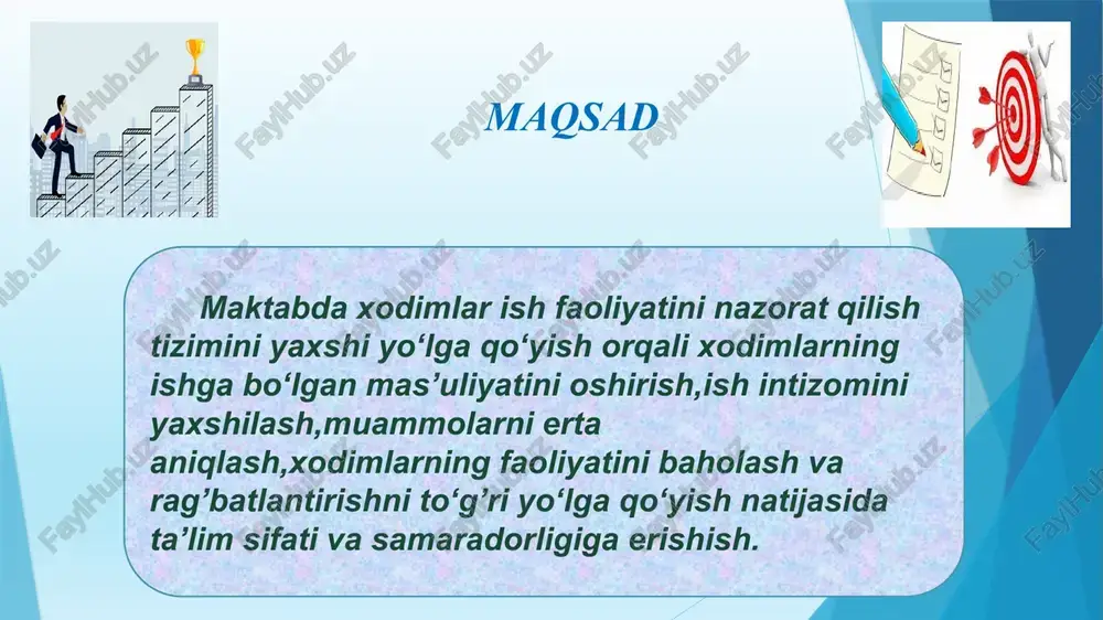 bari, direktor o‘rinbosarlari, psixolog. o‘quv yili boshidan xodimlar ish jarayonlarida ortiqcha yuklamalarsiz ishlaydi bu esa ta’lim sifatini oshishiga ijobiy ta’sir qiladi. 3 texnik bazaning nomukammalligi: - eskirgan uskunalar: sifatsiz videokuzatuv qurilmalaridan foydalaniladi. - zamonaviy nazorat tizimlarini sotib olish va ular o‘rnatish uchun mablag‘larning yetishmasligi 1) texnik bazani modernizatsiya qilish: xalqaro standartlarga javob beradigan zamonaviy nazorat qilish tizimlarini sotib olish va joriy etish. 2)“tashabbusli byudjet” loyihasida ishtirok etish va g’olib bo’lish maktab rahbari kuzatuv kengashi o‘quv yili boshida ish samaradorligi oshadi: - kechikish va darsga kelmaslik holatlari kamaytiriladi, bu maktab ma’muriyatiga intizomga rioya qilmaslik holatlarini aniqlashga yordam beradi. o‘qitish sifati oshadi: -maktab ma’muriyatiga o‘qituvchilar faoliyatini baholash va yaxshi nazorat tizimini yo‘lga qo‘yish imkonini beradi. maktab rahbari, jamoa va ota-onalar bir yilda ikki marta e’tiboringiz uchun rahmat!!! image1.png image2.jpeg image3.jpg image4.jpg image5.jpeg image6.png image7.jpeg image8.jpeg image9.jpeg image10.png image11.jpeg image12.jpeg image13.jpeg image14.png image15.jpeg image16.png image17.png image18.png image19.png image20.jpeg image21.jpeg image22.jpeg image23.jpeg /docprops/thumbnail.jpeg