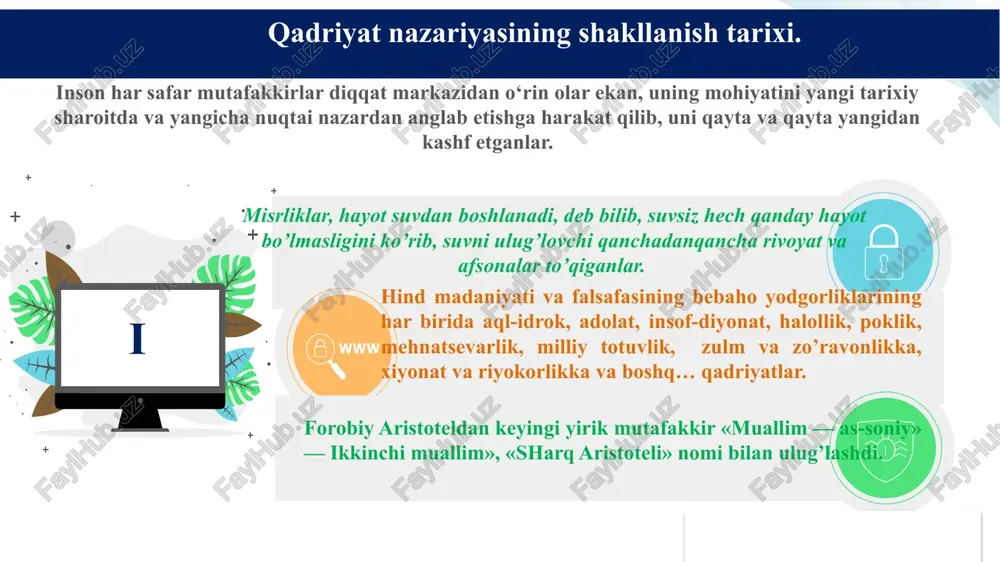 . xalqimizning minglab yillik boy tarixi, ma’naviy merosi, turmush tarzi, hayotiy qarashlari va e’tiqodidan kelib chiqqan holda muhim milliy qadriyatlarimiz 1. ota-onaga ehtirom; 2. tozalik; 3. harakatda baraka; 4. o‘zbek tili; 5. rozi-rizolik. tarbiyada milliy madaniy va umuminsoniy qadriyatlarining ustuvorligi. qadriyatlarning ijtimoiy-ma`naviy ahamiyati va yoshlar tarbiyasidagi o‘rni. tarbiyaning ma’lum maqsadga qaratilganligi. tarbiyaning insonparvarlik qoidalari. tarbiyaning hayot bilan va mehnat bilan bog’liqligi. 01 02 04 03 3. tarbiyada ibrat-numana koʻrsatishning tutgan oʻrni farzandlarimizning kelajakda komil inson boʻlib yetishishlarida oila va jamiyatda yaxshi tarbiya olishning oʻrni beqiyosdir. ota-ona, ustoz-murabbiylar, rahbar va yoshi kattalar qancha madaniyatli, odobli boʻlsa, shu jamiyat va muhitda oʻsayotgan shaxslar ham shunchalik odobli boʻlib yetishadi. ta’lim-tarbiya bilan shugʻullanuvchi odam oʻzi tarbiya koʻrmagan boʻlsa, boshqalarni tarbiya qilolmaydi. tarbiya jarayonining asosini, ijtimoiy hayotining obyektiv talablarini, shaxsning ijtimoiy mohiyatini hamda tabiatini aks ettiruvchi qonuniyatlar tashkil etgani bois tarbiya jarayonini ilmiy asoslangan tarzda olib borish uning qonuniyatlarni chuqur oʻrganishni talab etadi. tarbiya tamoyillari …