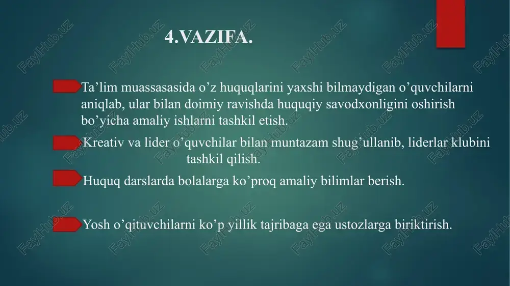 o’zlashtiradi va fikrini erkin bayon eta oladi. 3 ta’lim muassasasida bola huquqlarini o’quvchilarga o’qituvchilar tomonidan tushuntirilmasligi huquq darslarda bolalarga ko’proq amaliy bilimlar berish. ta’lim muassasasi rahbariyati, huquq fani o’qituvchisi har chorakda bolalarda huquqiy savodxonlik ko’nikmasi shakllanadi. 4 o’qituvchilarning majburiyatini bilmasligi ustoz-shogird tizimini yo’lga qo’yish metod birlashma,tajribali ustozlar o’quv yili davomida yosh ustozlar tajriba o’rganadi. 11 e’tiboringiz uchun rahmat! image6.png image7.png image8.png image9.png image10.png image11.png image12.png image13.png image14.png image15.png image16.png image17.png image18.png image19.png image2.png image3.png image4.png image5.png /docprops/thumbnail.jpeg