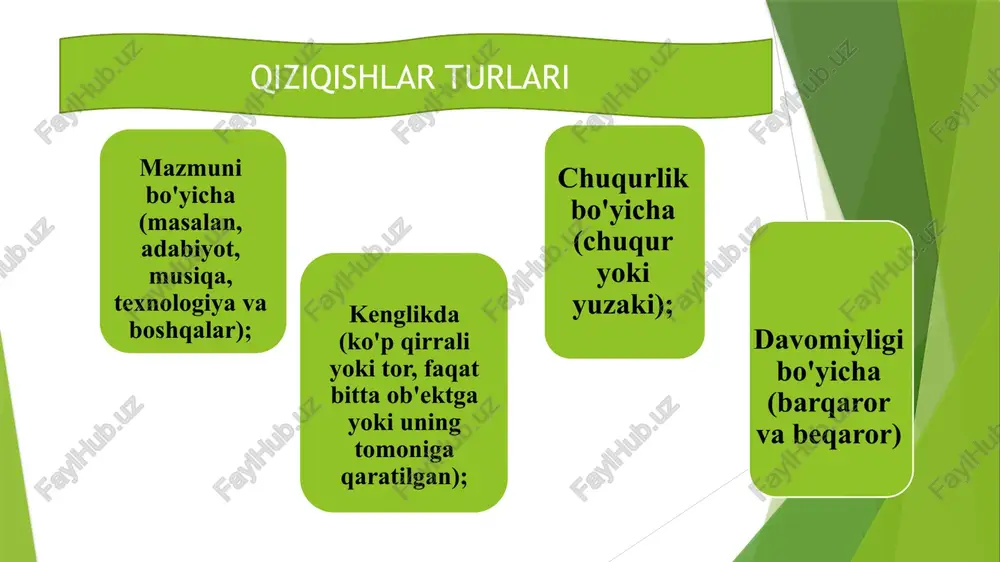 h har qanday kasb qiziqishlarga talab qo'yadi: ba'zi hollarda bu yangi narsaga, boshqalarda - amaliy faoliyatga, mehnat jarayoniga yoki uning natijasiga qiziqish . kasb tanlashga kelsak, qiziqishlar - bu ma'lum bir ish sohasiga ijobiy munosabat, bu yo'nalishdagi bilimga va faoliyatga intilish. qiziqishlarning mazmuni va mohiyati inson motivlari va ehtiyojlari bilan bevosita bog'liqdir. qiziqish qobiliyati temperament xususiyatlari bilan bog'liq: melankolik va flegmatik odamlar orasida qiziqishlar barqarorroq va chuqurroqdir. ammo xolerik va sanguine odamlar kengroq manfaatlarga ega. ba'zan biz: "qiziqarli kitobmi?" yoki "qiziqarli filmmi?" biroq, bu mantiq nuqtai nazaridan mos kelmaydigan iboralar, chunki qiziqish narsa (kitob, film va boshqalar) ning mulki emas, balki odamning mulki hisoblanadi. biror kishiga biron bir kitob qiziq tuyulishi mumkin, boshqasiga esa yoqmasligi mumkin. hech qanday qiziq bo'lmagan narsalar yo'q, ularga qiziqmaydigan odamlar bor. va turli odamlarning manfaatlari bir xil emas. qiziqishlar xaritasi (a.e.golomshtok ) “sizda o‘qishni davom ettirish yoki qiziqarli ish bilan shug‘ullanish imkoniyati mavjud. sizning qiziqishlaringizni …