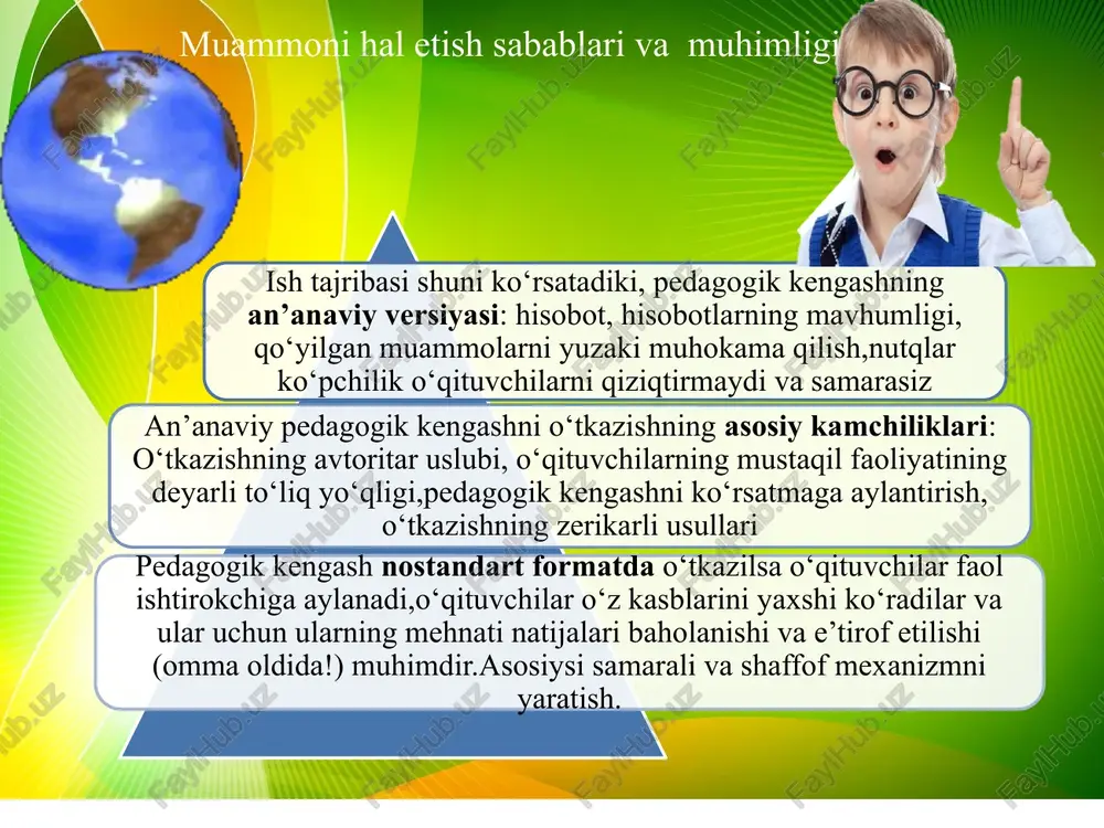 samaradorligi, natijasi kafolatlangan bo’lishi shart.chunki unda maktab faoliyatiga oid eng muhim va dolzarb masalalar muhokama qilinadi. albatta pedagogik kengashning shakllari turlicha hammasi uni qanday tarkib bilan to‘ldirishingizga bog’liq. 8.takliflar noan’anaviy g‘ayrioddiy g’oyalar o‘ylab topish,yangi dasturlar innovatsion ish yo’nalishlarini taqdim etish maktabdagi ishlar holatiga sezilarli ta’sir ko’rsatish uchun nostandart,innovatsion shakllardan foydalanish kerak. shaffofligini ta’minlash uchun pedagogik kengashda ko’riladigan masala va qabul qilingan qarorlarni hamma ko’radigan e’lonlar doskasiga chiqarish, maktab telegram guruhlarida, veb saytlarida kabi ijtimoiy tarmoqlarda yoritib borish. o‘qituvchilarni rag‘batlantirishning shaffof mexanizmini ishlab chiqish. t/r muammo amalga oshirish mexanizmi ma’sullar muddati natija 1 pedagogik kengash samaradorligini oshirish va shaffofligini ta’minlashga to’sqinlik qiluvchi omillarni aniqlash va uni bartaraf etish maksimal rentabellikka olib chiqadigan strategiya, reja ishlab chiqish va ishni tashkil qilish direktor o‘tibdo‘ 2024yil aprel pedagogik kengash samaradorligini oshirish va shaffofligini ta’minlashning yangi mexanizmlari ishlab chiqiladi reja asosida qilingan ishlarni tahlil qilish direktor o‘tibdo‘ 2024yil may-iyun 2 pedagogik kengashi asosan an’anaviy versiyada …