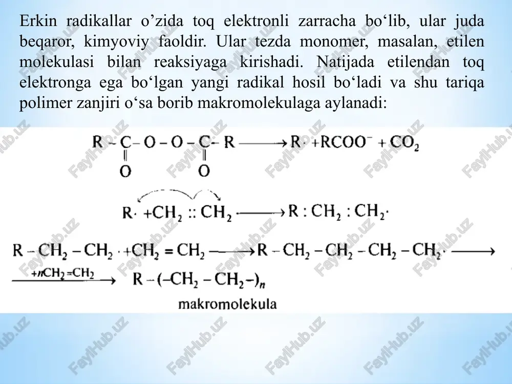 indilari, shisha tolasi, qurum va boshqa arzon mahsulotlar ishlatiladi. plastifikatorlar plastmassalarning erish temperaturasini pasaytiradigan, plastikligini oshiradigan, ulardan buyumlar tayyorlashni osonlashtiradigan moddalardir. plastifikator sifatida ko‘pgina yuqori temperaturada qaynovchi quyi molekular suyuqliklar, ya’ni murakkab efirlar, uglevodorodlarning galoidli hosilalari ishlatiladi. stabilizatoriar — plastmassalarning havodagi kislorod, yorug’lik va boshqa omillar ta’sirida parchalanish va oksidlanish reaksiyalariga chidamliligini oshiradigan, ya’ni ularning boshlang‘ich fizik-mexanik ko‘rsatkichlarini saqlab qolishga yordam beradigan birikmalardir. image1.png image2.png image3.png image4.png image5.png image6.png /docprops/thumbnail.jpeg