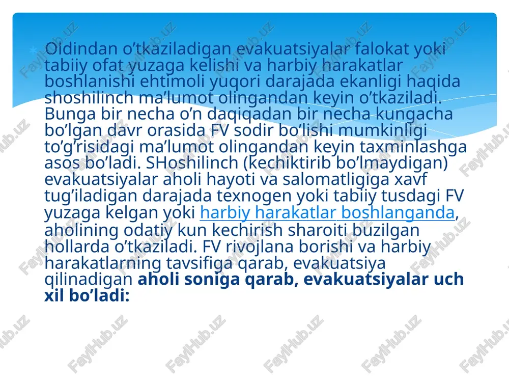 chiq (teshilib jarohatlanishi) va yopiq (ichki organlarga shikast yetqazish, ichki qon ketganda) shikastlanishlarida laparotomiyani o‘tkazish. 9.antidotlarni va antibiotiklarni yuborish. 23 10.simptomatik vositalarni (spazmolitiklar, desensibilizatsiyalovchilar, bronxlarni kengaytiruvchilar, qusushga qarshi, o‘tkir ruhiy buzilishlarda trankvilizatorlar, neyroleptiklar va talvasalarga qarshi vositalar) yuborish. 24 11.bosh miya jarohatlanganda (shikastlanganda) va unda bosh miyani bosimi oshishi natijasida siqilish kuzatilganda bosh suyagining dekompression trepanatsiyasini o‘tqazish. 25 bosh suyagining dekompression trepanatsiyasi. 26 12.sezmaydigan (karaxt) oyoq va qo‘llarni amputatsiya qilish. 27 13.siydik ajralib chiqishi ushlanib qolganda qovuqdan siydik chiqarish uchun kateter qo‘yish yoki punktsiya qilish. 28 siydik ajralib chiqishi ushlanib qolganda qovuqdan siydik chiqarish uchun punktsiya qilish. 29 14.jarohat infektsiyalarini oldini olish (qoqsholga qarshi profilaktik zardob yoki anatoksini, gangrenaga qarshi zardob yuborish, ochiq shikastlanishda va kuyishda antibiotiklarni qo‘llash). 15.anaerob infektsiyalarni davolash. bshyoo jarohat (anaerob) infektsiyalarini profilaktikasi va davolanishi o‘tkaziladi: 1.qoqshol 2.gazli gangrena 30 yuz saramasi oyoq saramasi 3.saramas 31 16.zond yordamida oshqazonni yuvish. 17.to‘liq sanitar ishlov berish. 32 18.birinchi tibbiy …
