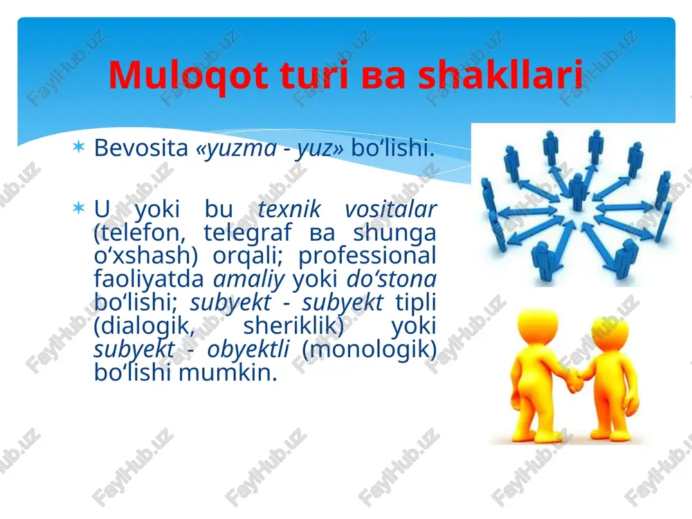 r berish” usuli. 5 * suqrot usuli oltinga teng so'zlar ismini yodda tutish tanqid qilmaslik savol berish turli usullarni bilish va qo'llash!!! samarali muloqot uchun * “munosabatlar oynasi” usuli * “munosabatlar oynasi” usulining ta'sir mexanizmi ko'ngildan jilmayish yuzning yoqimli ifodasidir signal: “men sizning do'stingizman” do'stona munosabat o'rnatish ehtiyojlar qondirilishi himoyada ijobiy emotsiyalar paydo bo'lishi hayotga zavq * muomalaning umumiy qoidalari bemavrid gapirmaslik. lutf ila yumshoqlik bilan so'zlashish. ochiq chehra bilan gapirib, yuzda samimiylikni saqlay olish. eshituvchiga malol kelmaydigan tarzda gapirish. faqat foydali gaplarni gapirish. o'ylab, andisha bilan so'zlashish. boshqalar gapirayotganda oraga gap qo'shmaslik, so'zini bo'lmaslik. ko'p gapirmaslik, zero, bu yaxshilik alomati emas. * muomala maromini belgilovchi omillar suhbatdoshini aytgan fikrini doimo hurmat qilish. suhbatni do'stona ohangda olib borishga harakat qilish: “shirin so'z jon ozig'i, yomon so'z jon qozig'i” ekanligini unutmaslik. suhbatdoshga gapirish imkonini bergan holda, uni tinglashga harakat qilish (axir tabiatan quloq ikkita va og'iz bitta ekanligini yodda tutish). * …