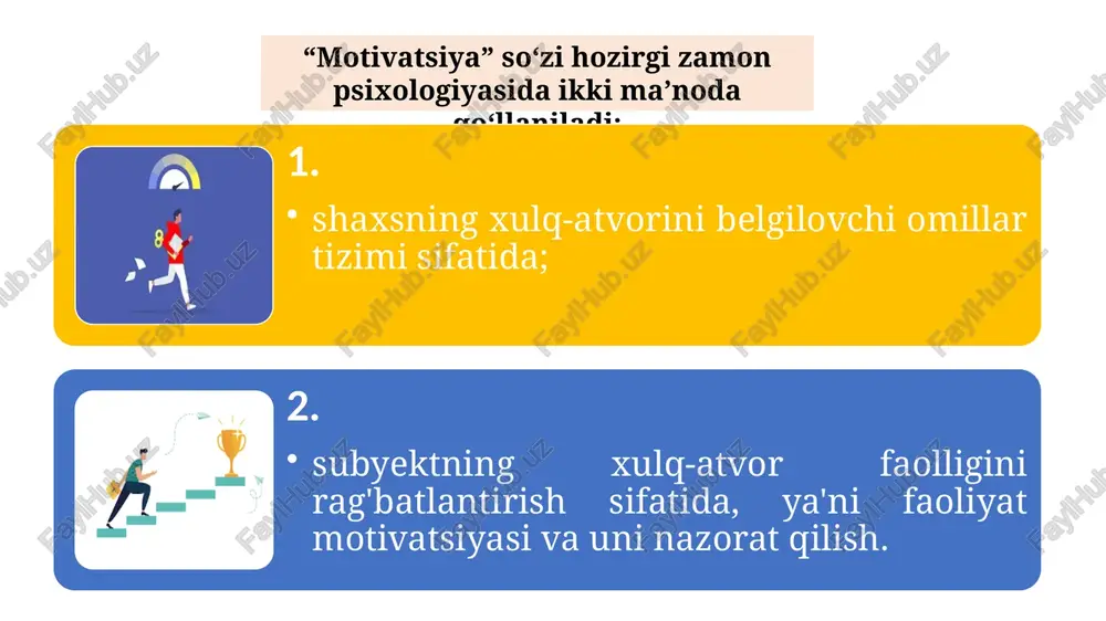 b ko'rish uchun adaptiv xulq-atvorga ega maktab o'quvchilari va ijtimoiy deviant xulq-atvori bo'lgan o'smirlar kontingenti qo'llanildi. vaziyat omillari ta'sirida yutuq motivatsiyasining intensivligini baholash metodikasi d.makklelland va j.atkinson tomonidan ishlab chiqilgan. eksperimental protsedura shunday tuzilganki, muvaffaqiyat motivatsiyasining turli darajadagi intensivligini faollashtirish uchun olti xil vaziyat yaratiladi. eksperimental vaziyatda topshiriqni bajargandan so'ng, subyektlar ijodiy tasavvur uchun guruh testida qatnashadilar (tat varianti). ular to‘rtta rasm asosida hikoyalar tuzadilar: ularning ba’zilari g.myurreyning “tat” asaridan olingan, boshqalari esa originaldir. rasmlar 20 soniya davomida taqdim etiladi, so'ngra mavzular quyidagi to'rtta savolga asoslanib, ular asosida hikoyalar tuzadilar: bu yerda nima bo'lyapti? bu odamlar kimlar? bunday holatga nima sabab bo'ldi? bundan oldin nima bo'lgan? 3. bu odamlar nima deb o'ylashadi? ular nimani xohlashadi? 4. keyin nima bo'ladi? hikoyani tuzish uchun 4 daqiqa, har bir savolga 1 daqiqa vaqt ajratiladi. muvaffaqiyat motivini o'lchash uchun maxsus kontent tahlili ham ishlab chiqilgan. ballarni hisoblashda birinchi navbatda hikoyaning muvaffaqiyatga yo'naltirilganligi aniqlandi. bunday …