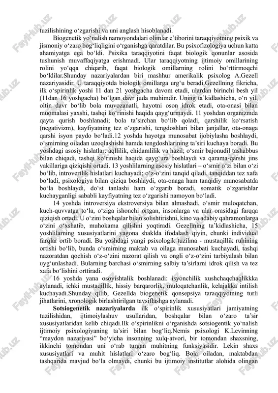 imoiy rollar kengligi faqat miqdor tomondangina kengayib qolmay, balki sifat tomonidan ham o‘zgarib boradi. masalan: 16 yoshda pasport oladi; 18 yoshidan faol saylash huquqiga va oila qurish imkoniyatiga ega bo‘ladi. o‘spirin jinoiy ishlar uchun javobgar bo‘ladi. ba’zi o‘spirinlar bu yoshdan boshlab ishlay boshlaydilar. kasb tanlash haqida o‘ylay boshlaydilar. lekin, shunga qaramay o‘spirinlarda kattalarga qaramlik xususiyatlari saqlanib qoladi. o‘spirinlar (16-18 yoshlar) o‘zlarining psixologik xususiyatlari bilan boshqa yosh davrdagi bolalardan keskin farq qiladilar. jismoniy hamda aqliy jihatdan voyaga yetgan, kamolotga erishgan, dunyoqarashi, o‘z-o‘zini boshqarishi kabi yetuk insoniy xususiyatlari tarkib topgan bo‘ladi. ular vazmin, mulohazali bo‘ladilar, katta yoshdagilarga hurmatehtirom bilan qaraydilar. ular uzoqni ko‘zlaydigan, kelajak uchun qayg‘uradigan, ota-onalarining yaqin yordamchisiga aylanadilar. o‘quv faoliyati o‘spirinning asosiy faoliyati bo‘lib qolaveradi, o‘qishga nisbatan o‘smirlik yoshiga qaraganda o‘spirinlikda bir muncha yuqoriroq bo‘ladi. mustaqil hayotga tayyorgarligini o‘z-o‘zini anglashi bilan bog‘liq motivlar bu davrda yetakchi o‘rinni egallaydi. motivlar tizimida jamiyatning to‘laqonli a’zosi bo‘lishga intilish, insonlarga naf keltirish kabi ijtimoiy …