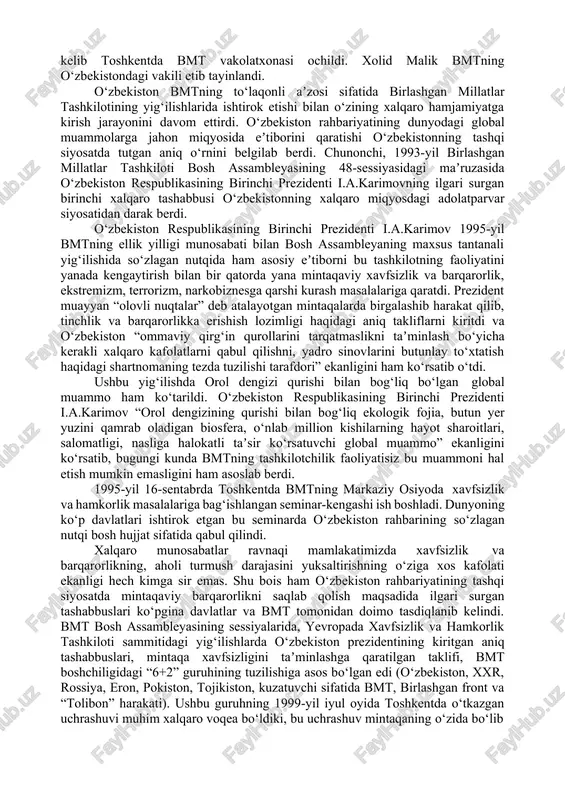o maydonda aloqalarni kengaytirishga yangi yondashuvlarni ishlab chiqish bo‘yicha amaliy qadamlarda o‘z aksini topmoqda. shu munosabat bilan turkiya, hindiston, xitoy, yaponiya, germaniya, fransiya, afg‘oniston, qozog‘iston, turkmaniston kabi dunyo mamlakatlari bilan ko‘p qirrali hamkorlikni yanada rivojlantirishga doir bir qator tegishli dasturiy hujjatlar ishlab chiqilgan va qabul qilingan, “yo‘l xaritalari” tasdiqlangan. oliy va yuqori darajalardagi tashriflar davomida mamlakatning milliy manfaatlariga javob beradigan hamda yaqin va uzoq xorijiy davlatlar bilan aloqalarni kengaytirishga qaratilgan faol, ochiq, pragmatik va chuqur o‘ylangan tashqi siyosiy yo‘nalishni rivojlantirish bo‘yicha keng ko‘lamli ishlar amalga oshirilmoqda. tabiiyki, yangi ustuvor yo‘nalishlar va yondashuvlar tashqi siyosiy boshqarma tuzilishining tubdan isloh qilinishini talab etdi. tashqi ishlar vazirligida yangi bo‘linmalar tashkil etildi, belarus va o‘monda vakolatxonalar, rossiya va qozog‘istondagi shaharlarda bir qator bosh konsulliklar ochildi. diplomatik faoliyatning iqtisodiy tarkibi kuchaytirildi. xalqaro maydondagi hamkorlik ilg‘or dunyo tajribasini o‘rganish, xorijiy mamlakatlar bilan aloqalarni yo‘lga qo‘yish orqali o‘zbekistonni ijtimoiy-iqtisodiy rivojlantirish bo‘yicha vazifalarni hal qilishga yordam berishi kerak, …