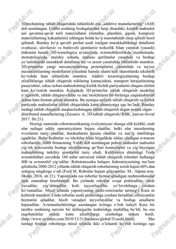 o yanglishmagan bo‘lar edik. hozirgi kunda internetga turli xildagi qurilmalardan kirishlar soni unga insonlarning kirishlari sonidan ko‘ra ko‘proq bo‘lib ketgan (lavina dannix//ogonyok, №24, 24 oktyabr 2016, str.4-5). „aqlli uy“, „xaydovchisiz avtomobil“, „ishchilarsiz zavod“ va „inson ishtirokisiz savdo“ deb nomlangan loyihalar barchaga ma’lum va mashxur. gamburg dengiz portida iot tizimi portga kelayotgan yuk mashnalari haqidagi ma’lumotlarni yig‘a va tahlil qila oladi. buning natijasida portning o‘tkazuvchanlik qobiliyati 178% ga ko‘paygan. 2019-2020 yillarga kelib, iot ning jahon bo‘yicha yillik o‘sish sur’ati 23% bolishi kutilgan holda, 2021 yilga kelibinternetga ulangan 28 milliard qurilmalardan 16 milliardi iot bilan bog‘liq qurilmalar bo‘lishi bashorat qilingan. 2025 yilga kelib esa internetga uangan barcha datchiklar soni 10 trillion bo‘lishi kutilmoqda. iot bozori eng katta bozorlardan biri bo‘lib, u yil sayin faqat qo‘paya boradi. 2020 yilga kelib bu bozorning hajmi €1,9 milliard evro bo‘lishi bcg konsulting kompaniyasi tomonidan ta’kidlanmiqda (evans philip, bcg, 2015, p.74). virtual voqe’lik (virtual realityv vr) va …