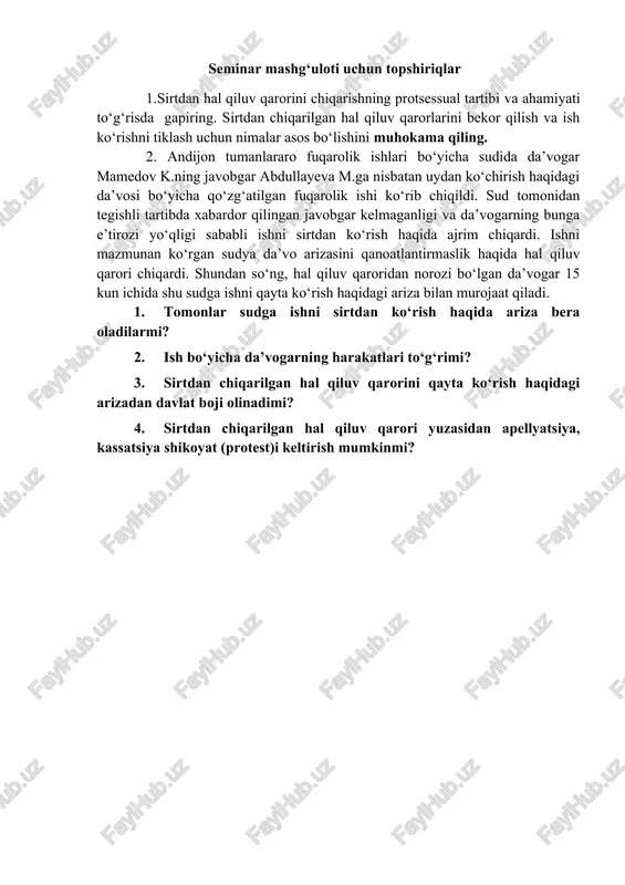 an) //o‘zbekiston respublikasi oliy majlis axborotnomasi. 1997 y. 2-son, 42-modda. 6. o‘zbekiston respublikasining“hakamlik sudlari to‘g‘risida”gi qonuni // o‘zbekiston respublikasi qonun hujjatlari to‘plami. 2006 y. 42-son, 416-modda. 7. o‘zbekiston respublikasi prezidentining “o‘zbekiston respublikasining sud tizimini takomillashtirish to‘g‘risida” gi pf-2682-sonli farmoni // o‘zbekiston respublikasi qonun hujjatlari to‘plami. 2000. № 3, 30-modda 8. o‘zbekiston respublikasi prezidentining “sud-huquq tizimini yanada isloh qilish, fuqarolarning huquq va erkinliklarini ishonchli himoya qilish kafolatlarini kuchaytirish chora-tadbirlari to‘g‘risida”gi pf-4850-sonli farmoni // o‘zbekiston respublikasi qonun hujjatlari to‘plami, 2016 y., 43-son, 497-modda. 9. o‘zbekiston respublikasi prezidentining “o‘zbekiston respublikasi rivojlantirish bo‘yicha harakatlar strategiyasi to‘g‘risida”gi pf-4947-sonli farmoni // qonun hujjatlari ma’lumotlari milliy bazasi, 31.07.2018 y., 06/18/5483/1594-son 10. o‘zbekiston respublikasi prezidentining “o‘zbekiston respublikasi sud tizimi tuzilmasini tubdan takomillashtirish va faoliyati samaradorligini oshirish chora-tadbirlari to‘g‘risida”gi pf-4966-sonli farmoni // o‘zbekiston respublikasi qonun hujjatlari to‘plami, 2017 y., 8-son, 109-modda; qonun hujjatlari ma’lumotlari milliy bazasi, 29.09.2017 y., 06/17/5195/0033-son, 20.07.2018 y., 06/18/5487/1543-son. 11. o‘zbekiston respublikasi prezidentining “sud-huquq tizimini yanada …