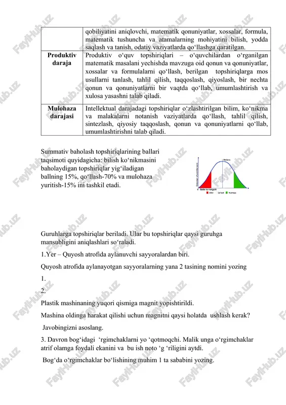 muhim. qolgan 90 ball summativ baholash orqali to‘planadi. 50 ballni o‘quvchi ta’lim jarayonida bo‘lim bo‘yicha summativ baholash jarayonada oladi. bu yozma ish, loyiha ishi, ijodiy ish, esse, amaliy topshiriq, laboratoriya ishlari bo‘lishi mumkin. yakuniy nazorat ishidan esa o‘quvchi 40 ball olishi mumkin. bu baholash turli shakldagi testdan iborat bo‘ladi. topshiriqlar yordamida o‘quvchining bilish, qo‘llash, mulohaza qilish va tahlil qilish ko‘nikmalari o‘zbekiston respublikasi bo‘yicha tasdiqlangan standartlar va yagona mezonlar asosida baholanadi. barcha o‘quvchilar bir xil mezonlar asosida baholanadilar, marafonda yuguruvchi kabi barcha bosqichlar ballari yig‘indisi avtomatik ravishda elektron jurnalda ko‘rinadi. 3. maktabda mezonlarga asoslangan baholash tizimini joriy qilish ishlarini rejalashtirish ishni qanday rejalashtirsak, yangi baholash tizimini joriy etish togʻri amalga oshiriladi? guruhlarga a3 qogʻozlari va markerlar tarqatiladi. guruh ishtirokchilari oʻzlari uchun ish rejasini tuzishlari soʻraladi. 4 daqiqa ichida maslahatlashib, rejalarining taqdimotini oʻtkazadilar. taqdimotlardan soʻng quyidagi rejada diqqat qaratiladi. har bir ish boshlanar ekan, uning tartibi va qoidalari bilan tanishgan boʻlishi kerak. …