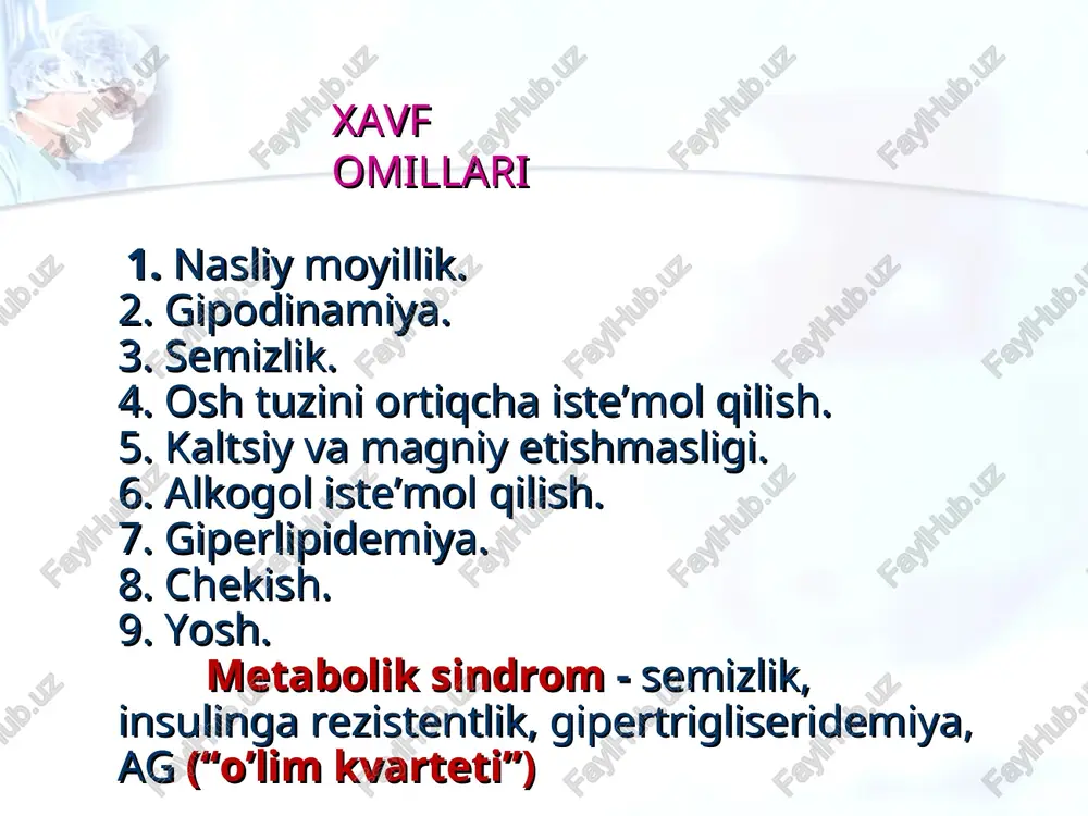 a boradi; ii daraja — orqa kontur umurtqa soyasiga usma-ust tushadi; iii daraja — orqa kontur umurtqa soyasi bilan to'liq kesishadi exoks chap qorincha gipertrofiyasi aniqlanadi yurak bo'shliqlarining o'lchamlari aniqlanadi chap qorinchaning sistolik faoliyati baholanadi chap qorinchaning diastolik faoliyati baholanadi chap qorincha qisqarishining regionar buzilishi aniqlanadi alohida hollarda — klapan apparati faoliyatining buzilishi, masalan, nisbiy mitral etishmovchilik aniqlanadi. ultratovush bilan chap parasternal ko'rik sxemasi (a) va gk bilan og'rigan bemor exokardiogrammasi (b). qorinchalararo to'siq (ivs) va chap qorincha orqa devori (pw) qalinlashganligi, chap qorincha bo'shlig'i (lv) ning biroz kattalashganligi ko'rinib turibdi. ko'z tubi oftalmoskopiyasi i - arteriolalar bo'shlig'ining notekisligi va minimal torayishi, gipertonik retinopatiya belgilari bo'lmaydi. ii - arteriolalarning spazmlar bilan yaqqol torayishi va venulalarning arteriyalar bilan kesishgan joylari kengayganligi (salyus va gvist simptomlari). iii - arteriolalarning keskin spazmi va venalar kengayishi bilan birga gipertonik retinopatiya belgilari aniqlanadi: to'rparda shishi va kuchsiz xiralashishi; to'rpardada qontalashlar; to'rpardada siyrak “laxtasimon” ekssudatlar. iv …