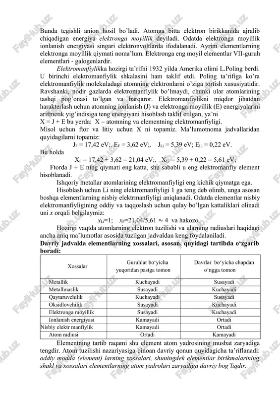 digan ya’ni, bir necha elementdan keyin qaytariladigan kimyoviy xossalari quyidagilardan iborat: 1) elementning valentligi, 2) elementning yuqori oksid hamda gidroksidlarining shakllari, 3) ularning asos yoki kislota tabiati, 4) elementlar oksidlarining gidratlanishga intilishi va boshqalar. bundan tashqari elementlarning quyidagi fizik xossalarida davriylik uchraydi: 1) atom hajmlari, 2) atom va ionlarning radiuslari, 3) optik spektrlari, 4) ionlanish potensiallari, 5) suyuqlanish va qaynash temperaturalari va boshqalar. elementlarning yadro zaryadlari, atom massalari, atom issiqlik sig’imlari davriy ravishda o’zgarmaydi. bir-biriga o’xshash elementlar atomining sirtqi va sirtqidan oldingi qavatlarida elektronlarning joylashishi ham biri-birinikiga o’xshash bo’ladi. elementlar xossalarining davriy o’zgarishiga sabab atomda elektronlarning ketma-ket joylashishi va har qaysi qavatda ma’lum sondagi elektronlarning mavjudligidir. elektronga moyillik, atomlarning o’lchamlari, ionlanish energiyasi, elektronga moyilligi, elektromanfiyligi, oksidlanish darajasi kabi xossalari atomning elektron konfiguratsiyasiga bog’liq. element tartib raqamining ortishi bilan bu xossalarning o’zgarishida davriylik kuzatiladi. atomlarning eng muhim davriy xossalari bilan tanishaylik. elektronlarning harakati to’lqinsimon harakterda bo’lganligi sababli atomlarning qat’iy belgilangan chegarasi …