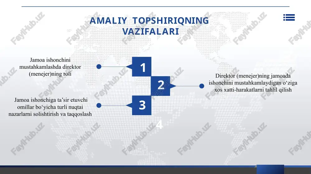 lik innovatsiya va ijodkorlikka olib keladi, chunki xodimlar o‘‘larini xavfsiz his qiladilar va yangi yechimlarni taklif qilishadi 3. jamoaning fikr-mulohazalarini eshitish orqali ularni qo‘llab quvvatlashni ta’minlash so‘rovlar, uchrashuvlar va yakkama-yakka suhbatlar orqali muntazam ravishda fikr-mulohazalarni eshitish. uning qadrlanishini ko‘rsatish uchun konstruktiv fikr-mulohazalar asosida harakat qilish direktor (menejer) 2024-2025 yillar ishonch xodimlarning yuqori darajadagi faolligiga olib keladi. ishga jalb qilingan xodimlar o‘z ishlariga va tashkilot maqsadlariga ko‘proq sodiq bo‘lishadi, natijada ish samaradorligi yaxshilanadi chora-tadbir rejasi e’tiboringiz uchun rahmat! image2.jpeg image3.png image4.png image5.png image6.png image7.png image8.png image9.jpeg image10.jpeg image11.emf oleobject1.bin image12.jpeg image13.jpeg image14.jpeg image1.jpeg