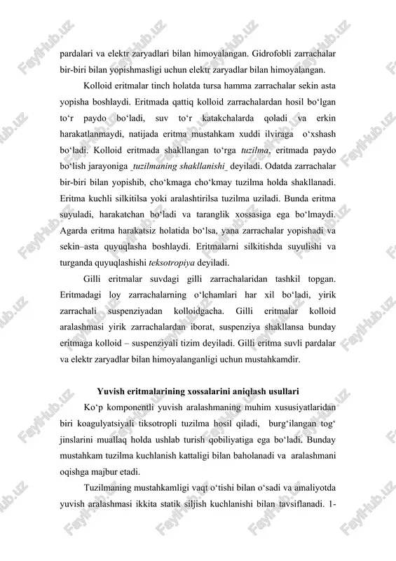 ilindr (7) aylanuvchi (6) stolikga o‘rnatilgan, oldindan yaxshi aralashtirilgan 120 sm3 aralashma solinadi. undan keyin unga (3) ichki silindr yuklanadi (4) tirgakka biriktirilgan. silindr shunday o‘rnatiladiki, shkalaning “o” ko‘rsatkichi asbobning riskiga qarshi joylashadi. 1 daqiqa davomida aralashmaga tinchlik beriladi va (6) dvigatel qo‘shiladi. tashqi silindr (7), (5) prujina yordamida v=0.2 ay/daq tezlik bilan aylantiriladi. ichki silindr (7) tashqi silindr (1) bilan birgalikda aylanadi, qaysiki (1) sim shunday darajaga, ya’ni aylantiruvchi moment holatiga aralashma statik kuchlanishni siljishi holatiga keladi. 9.1-rasm. sns-2 statik kuchlanishni siljishini aniqlash asbobi. 1-elastik sim; 2-limb; 3-ichki silindr; 4-tirgak; 5-aylantiruvchi tasma; 6-aylantiruvchi stol va elektr dvigatel; 7-tashqi silindr; 8-aylantiruvchi o‘q; 9-daraja ko‘rsatkich. eng katta burilish burchagi shkalaga yoziladi, yana 10 daqiqa tinchlik berilib, ikkinchi marta burchak o‘lchanadi. asbobning kalibrovka natijasini oldindan bilgan holda, simning 10ga burilgandagi siljishida statik kuchlanishning siljish koeffitsentini hisobga olib, buralish burchagini ma’lum koeffitsiyentga ko‘paytirib, statik kuchlanishning siljishini hisoblaymiz. katta qiymat q10:q=0 nisbatda bo‘ladi. u …