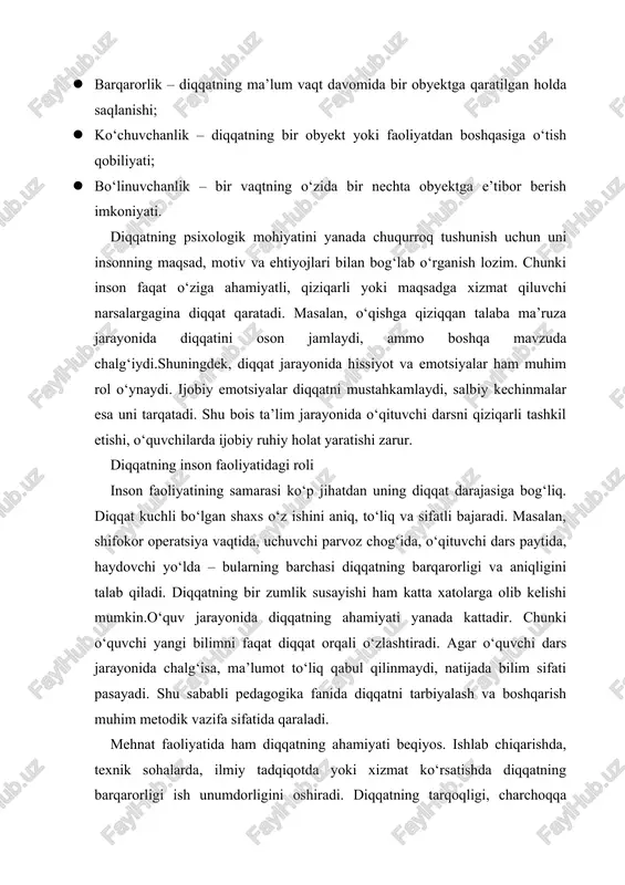 erilishi esa xatoliklar, yo‘qotishlar va jarohatlarning asosiy sabablaridan biridir. diqqatni shakllantiruvchi omillar diqqatning rivojlanishida biologik, psixologik va ijtimoiy omillar o‘zaro bog‘liq holda ta’sir qiladi. biologik omillarga nerv tizimining sog‘lomligi, miya faoliyatining barqarorligi, sezgi organlarining rivojlanganligi kiradi. psixologik omillar esa shaxsning qiziqishlari, ehtiyojlari, motivlari va hissiy holatiga bog‘liqdir.ijtimoiy omillar esa tarbiya, ta’lim muhitiga, shaxsning oila va jamoa bilan o‘zaro munosabatlariga bog‘liq bo‘ladi. bolalik davridan boshlab to‘g‘ri tashkil etilgan ta’lim jarayoni diqqatni shakllantirishda muhim rol o‘ynaydi. o‘qituvchi bolalarning e’tiborini jalb qilish uchun turli didaktik o‘yinlar, qiziqarli topshiriqlar va vizual vositalardan foydalanadi. psixologik tadqiqotlarda aniqlanishicha, diqqatni rivojlantirish uchun mashqlar bajarish juda samarali hisoblanadi. masalan, qisqa muddatda ko‘p obyektni eslab qolish, raqamlar orasidan ma’lum belgini topish, shovqinli sharoitda matn o‘qish, bir nechta topshiriqni ketma-ket bajarish — bular diqqatni mustahkamlaydigan amaliy mashqlardir. diqqatning o‘rganilish tarixi diqqat muammosi qadimdan olimlar diqqat markazida bo‘lgan. aristotel, abu ali ibn sino, dekart singari mutafakkirlar inson idroki va ongining yo‘naltirilganligi …