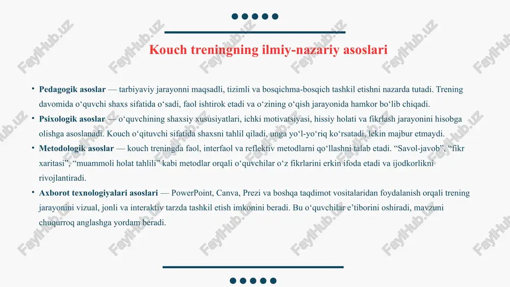 l uchun, o‘qituvchi muammoli vaziyat yaratadi (“sinfda nizolarni qanday hal qilamiz?”), o‘quvchilar esa kouch savollar asosida yechim topishadi. bu ularni mas’uliyatli, o‘z fikrini bildira oladigan shaxs qilib shakllantiradi. tarbiya tizimiga joriy etish istiqbollari kouch treningni tarbiya tizimiga keng joriy etish katta imkoniyatlar yaratadi. masalan: maktab psixologi yoki sinf rahbari har oyda “o‘zimni rivojlantiraman” nomli kouch sessiyalar o‘tkazib, o‘quvchilarni o‘z hayot maqsadlari haqida o‘ylashga undaydi. o‘qituvchilar uchun malaka oshirish kurslarida “kouching metodikasi” bo‘yicha amaliy treninglar tashkil etiladi. tarbiya darslarida smart maqsad tizimini joriy etish orqali o‘quvchi o‘z hayotidagi har bir qadami uchun aniq reja tuzishni o‘rganadi. kelajakda bu metodika asosida o‘quvchilar nafaqat bilim, balki hayotiy kompetensiyalarni – muammoni tahlil qilish, to‘g‘ri qaror qabul qilish, muloqotga kirisha olish, o‘z vaqtini boshqarish kabi ko‘nikmalarni egallaydilar. shunday qilib, kouch treningni tarbiya tizimiga kiritish o‘quvchini “tayyor buyruqni bajaruvchi” emas, balki o‘z hayotini ongli ravishda boshqaruvchi shaxs sifatida shakllantiradi. xulosa bugungi kunda ta’lim-tarbiya jarayoni zamon bilan …