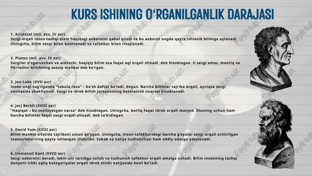 hodisalar ketma-ketligi va vaqt o‘tishini anglash. • sharoitlarni idrok etish — atrofdagi vaziyat va kontekstni tushunish, masalan, odamlar kayfiyatini yoki muhitning o‘zgarishini sezish.. xulosa sezgi va idrok inson psixikasining asosiy, birlamchi jarayonlari bo‘lib, ular orqali inson atrof-muhitdan ma’lumot oladi, uni ongda qayta ishlaydi va moslashuvchan faoliyat olib boradi. sezgi — bu tashqi stimullarni qabul qilish jarayoni, idrok esa ularni butunlikda anglash va ma’no berishdir. ushbu jarayonlarsiz inson dunyoni to‘liq idrok eta olmaydi, hayot faoliyati esa samarali bo‘lmaydi. mashhur olim aristotel ta’kidlaganidek, “bilim sezgi orqali boshlanadi”, bu fikr sezgi jarayonining psixik hayotdagi o‘rnini ko‘rsatadi. shu bilan birga, kantning so‘zlari bizga idrokning faolligini eslatadi: “idrok tashqi dunyoni ichki ongimizning shakllari orqali tashkil etadi”. bu ikki fikr sezgi va idrok o‘zaro uzviy bog‘liq va inson tafakkurining ajralmas qismi ekanini tasdiqlaydi. psixologiyaning rivojlanishi davomida sezgi va idrokni o‘rganish metodlari takomillashdi, ularning murakkab mexanizmlari ochildi. bugungi kunda bu jarayonlarni chuqur anglash insonning nafaqat psixik sog‘lig‘i, …