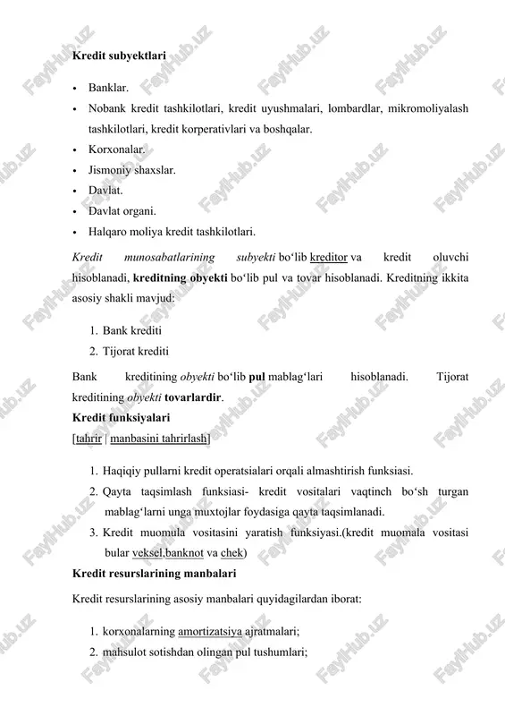 ida toʻplanib, keyin bu mablagʻlar kredit mexanizmi orqali iqtisodiyot tarmoqlari ehtiyojlarini hisobga olib qayta taqsimlanadi. shu orqali kredit ishlab chiqarish jarayonining uzluksizligini taʼminlashga xizmat qiladi. ikkinchidan, kredit pulga tenglashtirilgan toʻlov vositalarini (veksel, chek, sertifikat va hokazo) yuzaga chiqarib, ularni xoʻjalik amaliyotiga joriy etish vazifasini bajaradi. uchinchidan, kredit naqd pullar oʻrniga kredit pullarni rivojlantirish va pul muomalasini jadallashtirish bilan muomala xarajatlarini tejash vazifasini bajaradi. toʻrtinchidan, kredit ssuda fondining harakati (qarz berish va qarzni undirish) orqali iqtisodiy oʻsishni ragʻbatlantirish vazifasini bajaradi. beshinchidan, kredit oʻz muassasalari orqali iqtisodiy subyektlar faoliyati ustidan nazorat qilish vazifasini bajaradi. nihoyat, kreditning oʻziga xos vazifasi iqtisodiyotni tartibga solish hisoblanadi. bunda kredit uchun foiz stavkalarini tabaqalashtirish, davlat tomonidan kafolatlar va imtiyozlar berish kabi usullardan foydalaniladi. kredit bir qator turlarda amalga oshiriladi. kredit turlari tarixiy taraqqiyot davomida kreditning ikki – pul va tovar shakllaridan foydalanib kelingan. hozirgi vaqtda mamlakat ichki aylanmasida pul kreditidan kengroq foydalanib, u bank, tijorat, davlat, isteʼmol …