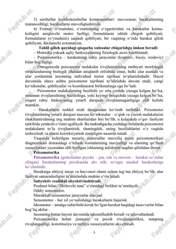 ning ta’kidlashicha, harakat ikki tuzilma: afferent va efferent orqali amalga oshiriladi, ular motor impulslarining yo‘nalishi va fazoviy taqsimlanishini hamda ularning ketma-ket kinetik kuylarga aylanishini ta’minlaydi. boshqa harakat loyihasini yaratish uchun zarur bo‘lgan frontal korteks va harakatning semantik strukturasini ishlab chiquvchi pariyetal korteks harakatni qilishda muhim rol o‘ynaydi. keyingi, premotor sohalar ishtirokida, behush darajada yordamchi texnik tuzatishlar amalga oshirilishini ta’minlash avtomobil kelib chiqishi rivojlantirish jarayoni. keyingi harakat amalga oshiriladi, lekin mukammal muvofiqlashtirilgan harakatni bajarishda ham har doim dastlabki tuzatish mavjud. bu miya markazini motor tizimining hozirgi mexanik va fiziologik holatidan xabardor qiladigan afferent impulslar tufayli bo‘lishi mumkin. insonning eng oddiy motor reflekslari yanada murakkab harakatlarining me’yorda kechishini ta’minlaydi (teri, pay va boshqalar). murakkabroq motor harakatlar-maqsad-bosh miya po‘stlog‘i, frontal loblar va katta yarim sharlarning yuqori darajada tashkil etilgan qismlari faoliyatida sodir bo‘ladi. harakatlar semantik mazmun kasb etib, maqsadga muvofiq bo‘ladi. ixtiyoriy harakatlar markaziy asab tizimining motor funksional tizimlarida shakllangan dasturlarni amalga oshirish …