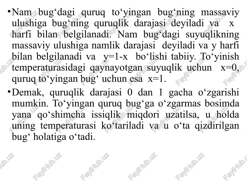 an qaynash temperaturasigacha isitish uchun (mos bosimda) zarur bo‘lgan issiqlik miqdori quyidagi tenglamadan aniqlanadi: q=h1–h10 (7.1) bu yerda h1 – qaynayotgan suv entalpiyasi; h1o – suvning 0s dagi entalpiyasi; qaynayotgan suyuqlik entalpiyasi bosim yoki temperatura bo‘yicha aniqlanib, to‘yingan suv bug‘lari jadvallaridan olinadi. qaynayotgan suyuqlikning ichki energiyasi u1 entalpiya formulasidan aniqlanadi: h=u+pv yoki u1=h1-pv1 (7.2) qaynash temperaturasigacha isitilgan suvga issiqlik berish davom ettirilsa, u bug‘ga aylana boshlaydi. bug‘ hosil bo‘lish jarayonida suvning oxirgi tomchisi bug‘ga aylanmaguncha temperatura o‘zgarmasdan turadi. shu oxirgi holatda quruq to‘yingan bug‘ hosil bo‘ladi. yuqorida aytilganidek, 1 kg qaynayotgan suvni quruq to‘yingan bug‘ga aylantirish uchun zarur bo‘lgan issiqlik miqdoriga bug‘ hosil qilish issiqligi deyiladi va r harfi bilan belgilanadi. bug‘ hosil qilish issiqligi bosim yoki temperatura bilan aniqlanadi. ularni ortishi bilan p kamayadi va kritik nuqtada nolga teng bo‘ladi. bug‘ hosil qilish issiqligi ichki potentsial energiyani o‘zgarishiga yoki ajratish (disregatsiya) ishi  va tashqi kengayish ishiga (vii–vi)= sarflanadi. …