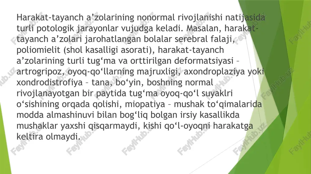 bab bo‘ladi. bu bolalarda harakatlanishdagi g‘ayrioddiy harakatlar, qo‘l va oyoqni harakatlanishidagi buzilishlar kuzatiladi. bolalar serebral falajining giperkinetik shaklining tug‘ma turida bolalar juda kech o‘tiradilar, kamdan-kam hollarda 2-3 yoshdan boshlab yura boshlaydilar, ko‘p hollarda ular 4-7 yoshdan boshlab, xatto 9-12 yoshlarida mustaqil yurishlari mumkin. bu bolalarning 90% ida giperkinetik dizartriya, 50% ida –rrs, 25-30% ida eshitishidagi buzilishlar kuzatiladi. atonik-astatik shakli boshqa shakllarga qaraganda yengilligi bilan xarakterlanadi. ularda harakat muvozanatidagi buzilishlar, reflekslar tonusidagi buzi-lishlar, 60-70% psevdobulbar dizartriya kuzatiladi. ayrim hollarda serebral falajlikning aralash shakli ham uchrab turadi. bu shaklda bolada spastik-giperkenitik holatlar yoki nazorat qilib bo‘lmaydigan, g‘ayri odatiy harakatlar bilan mushaklar tonusining tarangligi bilan kelishi mumkin. serebral falaj bolalardagi mavjud nuqsonlarni korreksiyalashda nuqson turini erta aniqlab, alohida yondashish juda yaxshi samara beradi. serebral falajning dastlabki belgilari bola tanasining qotib qolgan yoki bo‘shashgan bo‘lishi tug‘ilishi bilan ko‘zga tashlanishi mumkin. ammo hamma vaqt ham buni sezishga imkoni bo‘lmaydi. agarda bolada quyidagi holatlar kuzatilsa, tezda …