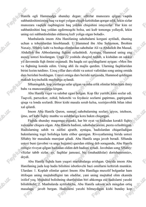 i artish afzaldir. hanafiy mazhabi sovuq o�lkalarda ham tarqalganini e�tiborga olinsa, shofeiy mazhabi asosan issiq o�lkalarda yoyilgan. mazhablar turlicha bo�lsada, ular asoschilari-mujtahidlarning barchasi bir-biriga ustoz-shogird tizimidadir. ular bir-birlarining mazhabini tan oladilar. to�rtta mazhab ham hijriy ikkinchi asrning o�zida shakllanib ulgurgan. ammo ushbu mazhablarning faqat bittasini ushlash lozim. bir masalada bu mazhabni, boshqasida ikkinchisiga amal qilish mumkin hisolanmaydi. hanafiylik mazhabi asoschisi abu hanifa nu�mon ibn sobit (699-767) bo�lib, «imomi a�zam», ya�ni eng buyuk imom laqabi bilan mashhur bo�lgan. mazkur mujtahid olim kufa shahrida tug�ilib shu erda vafot etgan. bu zot sunniy mazhablar asoschilari orasida yoshi eng kattasi hisoblanadi. rivoyatlarga ko�ra bobosi sobitni hazrat ali oldilariga olib kelib, uning haqqiga duo qilishlarini so�raydi. hazrat ali sobitni o�zi va zurriyotiga barakot so�rab duo qiladilar. sobitning zurriyotidan imom abu hanifa mashhur bo�lib ketdi. imomning otasi kufada ipak va jun mato tijorati bilan shug�ullangan va imom abu hanifa ham keyinchalik shu ishni davom ettirgan. imom …