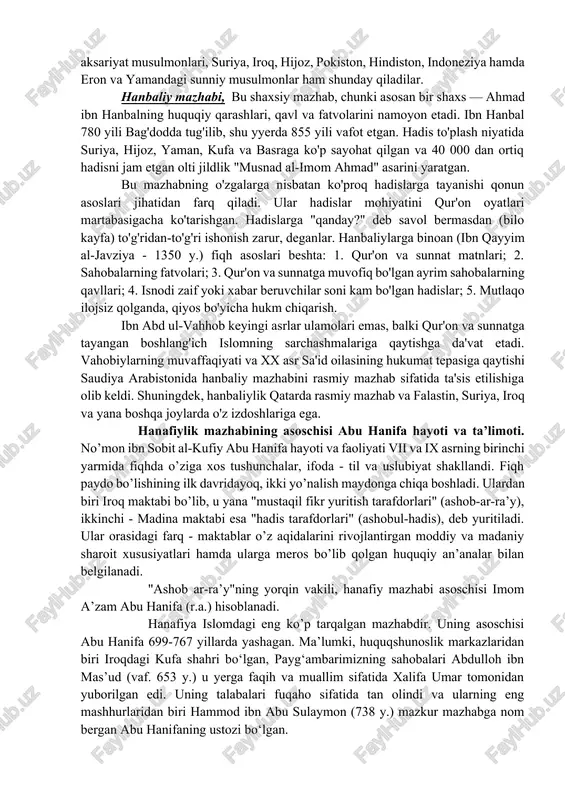) ham bo'lib, keyinchalik u shialikning ja'fariya mazhabiga nom bergan. molik ibn anas al-asbaxiy 713 yili madinada kamon o'qlari yasovchi oilasida tavallud topib, o'zi ipak matolari savdosi bilan shug'ullangan, bolaligidan qarindoshlari qo'lida islomiy ilmlarni o'rgangan. shu yyerda 795 yili vafotiga qadar yashagan va uni faqat makkaga hajga borish uchungina tark etgan. shu tufayli u madina ahlining ramziga aylangan. madina imomi sifatida tan olingan molik hech bir siyosiy oqimlarga aralashmagan va biron rasmiy mansabni egallashga rozi bo'lmagan. bahsar va ilmiy munozaralarda qatnashmagan, chunki "ilm — xo'rozlar va qo'chqorlar orasidagi urush emas", deb hisoblagan. paygambar, sahobalar va tobe'inlarning fiqhga oid qarashlari, qarorlari va qavllarini o'zining "al-muvatta'" kitobida jamlagan. aytishlaricha, bu asar bir nechta matnlarda tarqalgan ekan, biroq bizlargacha ikki varianti: "hanafiy ash-shayboniy" va yaxyo al-laysiy (vaf. 848 y.) asarlari hamda ularga yozilgan izohlar yetib kelgan hamda tunislik ali ibn ziyod (800 y.) talqinidagi nusxaning qismlari saqlanib qolgan. huquqshunoslik sohasida molikiy mazhabi o'z …