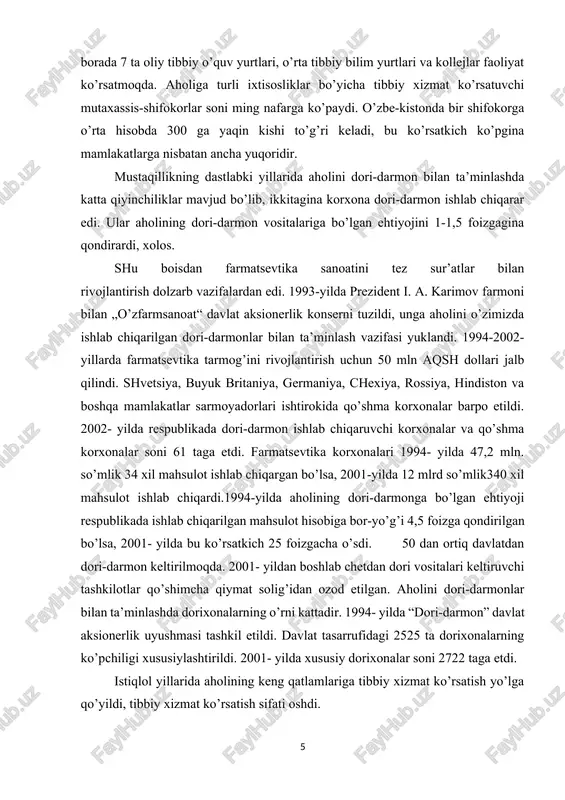 . 1991-2001-yillarda 19,5 ming o’rinli shifoxonalar, 95,7 ming tashrifli poliklinikalar qurilib foydalanishga topshirildi. 1991-yilda shifoxonalar soni 1300 tani tashkil etgan bo’lsa, 2001- yilda ularning soni 1500 tadan ortdi. ambulatoriya-poliklinikalarning soni esa 3 mingdan 4,8 mingtaga etdi yoki 1,6 baravar ko’paydi. qishloq joylarida 1600 dan ortiq vrachlik punktlari ochildi. respublikamizda shifokorlarning malakasini oshirish va qayta tayyorlashga, yosh shifokorlarni tayyorlash ishlariga alohida e’tibor berildi. bu borada 7 ta oliy tibbiy o’quv yurtlari, o’rta tibbiy bilim yurtlari va kollejlar faoliyat ko’rsatmoqda. aholiga turli ixtisosliklar bo’yicha tibbiy xizmat ko’rsatuvchi mutaxassis-shifokorlar soni ming nafarga ko’paydi. o’zbe-kistonda bir shifokorga o’rta hisobda 300 ga yaqin kishi to’g’ri keladi, bu ko’rsatkich ko’pgina mamlakatlarga nisbatan ancha yuqoridir. mustaqillikning dastlabki yillarida aholini dori-darmon bilan ta’minlashda katta qiyinchiliklar mavjud bo’lib, ikkitagina korxona dori-darmon ishlab chiqarar edi. ular aholining dori-darmon vositalariga bo’lgan ehtiyojini 1-1,5 foizgagina qondirardi, xolos. shu boisdan farmatsevtika sanoatini tez sur’atlar bilan rivojlantirish dolzarb vazifalardan edi. 1993-yilda prezident i. a. …