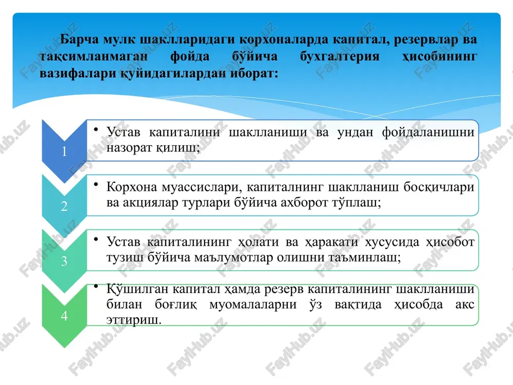 stav kapitalining buxgalteriya hisobi quyidagi asosiy me'yoriy hujjatlar bilan tartibga solinadi: «hisob siyosati va moliyaviy hisobotlar» 1-son bhms, «xo'jalik yurituvchi sub'ektlarning moliya xo'jalik faoliyati buxgalteriya hisobi schyotlari rejasi va uni qo'llash bo'yicha yo'riqnoma» 21-son bhms, «xususiy kapital to'g'risidagi hisobot» 14-son bhms, «buxgalteriya balansi» 15-son bhms va boshqalar. ustav kapitali bo'yicha muomalalar hisobi 8300-«ustav kapitalini hisobga oluvchi hisobvaraqlar» schyotida hisobga olinadi. ushbu schyot quyidagi uchta schyotni o'zida jamlaydi: 8310 oddiy aktsiyalar 8320 imtiyozli aktsiyalar 8330 pay va ulushlar masalan, aktsiyadorlik jamiyati davlat ro'yxatidan o'tgandan keyin uning ustav kapitali emissiya prospektida 200,0 mln. so'm miqdorida ro'yxatga olindi: bunda 8310-oddiy aktsiyalar schyotining krediti va 4610-ustav kapitaliga ulushlar bo'yicha ta'sischilarning qarzlari schyotining debetida aks ettiriladi. korxonaning aktsiyadorlik kapitali hisobida ro'yxatdan o'tgan, lekin emissiyasi tugallanmagan miqdorda hisobga olinishi sababli e'lon qilingan (chiqarishga ruxsat berilgan), chiqarilgan (aktsiyadorlar tomonidan obuna amalga oshirilgan) va muomaladagi oddiy aktsiyalarning har qaysi emissiyasi bo'yicha alohida tahliliy hisobvaraq yuritish talab qilinadi. xo'jalik …