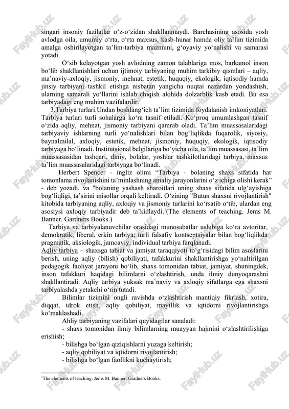 n maktab (ta’lim muassasasi)ning ta’sirini susaytirmaslik maqsadida, sinfdan va maktabdan tashqari hamda ta’til davrlarida tarbiyaviy ishlarga alohida e’tibor beriladi. ayni vaqtda, respublikada o‘quvchilarning ta’lim-tarbiya muassasalaridan uzoqlashtirmaslik maqsadida qo‘shimcha ta’lim muassasalari faoliyat ko‘rsatmoqda. qo‘shimcha ta’lim muassasalarida o‘quvchilar xususiy fanlar va xorijiy tillarni mukammal o‘rganishlari, texnika va badiiy yo‘nalishlar bo‘yicha bilim olishlari, amaliy faoliyat ko‘nikmalariga ega bo‘lishlari mumkin. qo‘shimcha ta’lim muassasalarida tashkil etilayotgan turli yo‘nalish va mavzulardagi uchrashuv, ko‘rgazma, ko‘rik va suhbatlar o‘quvchilarning tafakkur dunyosini boyitishda, ularda mustahkam xarakter va irodani tarkib toptirishda muhim o‘rin tutadi. tarbiya jarayonining yana bir xususiyati uning yaxlit tarzda tizimli tashkil etilishidir. yaxlitlik shundan iboratki, tarbiya jarayonining maqsadi, mazmuni, vazifalari va metodlarining birligi shaxsni shakllantirish g‘oyasi amalga oshirish uchun xizmat qiladi. bizga ma’lumki, shaxs sifatlari navbatma-navbat emas, balki yaxlit tarzda o‘zlashtiriladi. shu bois pedagogik ta’sir ham yaxlitdir, tizimlilik xarakteriga ega bo‘lishi mumkin. tarbiya jarayonining yaxlitlik, tizimlilik xususiyati bir qator muhim pedagogik talablarga amal qilishi o‘qituvchi bilan o‘quvchilar …