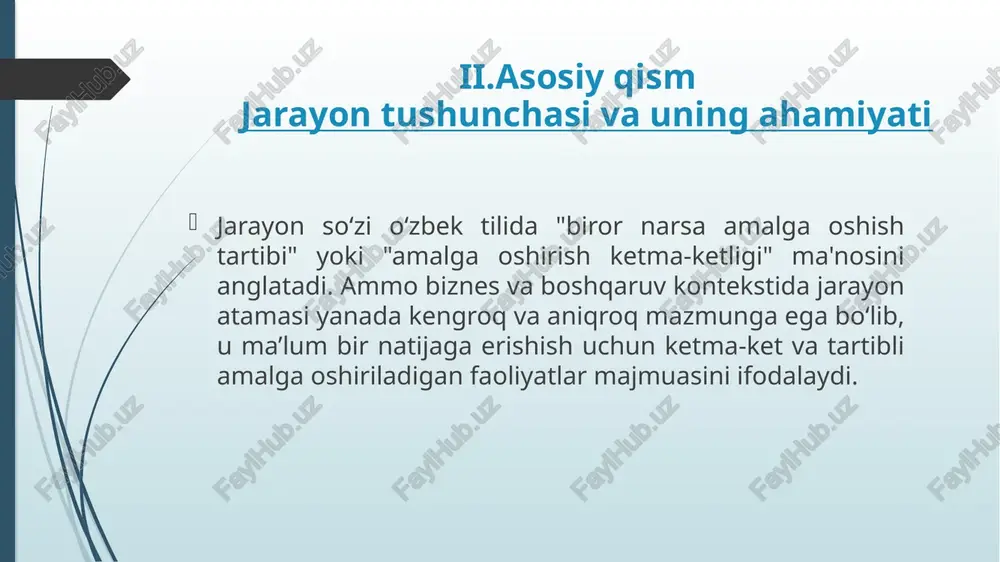 angi jarayonlarning muvaffaqiyatli tatbiq etilishiga zamin yaratadi. bu esa o‘z navbatida, ishlab chiqarish yoki xizmat ko‘rsatish sifatining oshishi, xarajatlarning kamayishi, mijozlarning qoniqish darajasining oshishi va tashkilotning umumiy raqobatbardoshligining kuchayishiga olib keladi. shu bois, jarayonlarni yaratish bosqichlarini e’tibor bilan o‘rganish va amaliyotda to‘liq qo‘llash har qanday tashkilot uchun juda muhimdir. jarayonni takomillashtirish uchun yangi metodlar, texnologiyalar, boshqaruv usullari qo‘llaniladi. shu bilan birga, mijozlarning fikri va bozor talablariga mos ravishda jarayon doimiy ravishda yangilanib boradi. doimiy takomillashtirish jarayonning vaqt o‘tishi bilan eskirmasligi va tashkilot uchun yanada katta foyda keltirishini ta’minlaydi. jarayonlarni yaratish bosqichlarini to‘g‘ri va puxta amalga oshirish tashkilotning faoliyatida yangi jarayonlarning muvaffaqiyatli tatbiq etilishiga zamin yaratadi. bu esa o‘z navbatida, ishlab chiqarish yoki xizmat ko‘rsatish sifatining oshishi, xarajatlarning kamayishi, mijozlarning qoniqish darajasining oshishi va tashkilotning umumiy raqobatbardoshligining kuchayishiga olib keladi. bu yerda jarayonning qanday natijaga erishishi kerakligi, uning chegaralari, asosiy funktsiyalari va faoliyat doirasi aniq belgilanadi. jarayon konsepsiyasini ishlab chiqishda tashkilotning …
