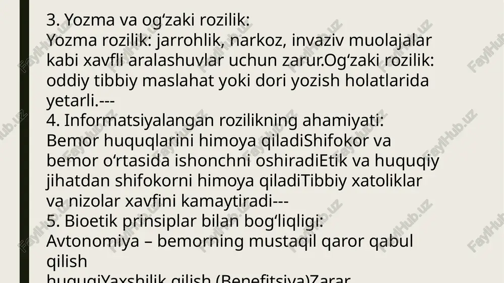 orlikning 12- haftasigachatibbiy yoki ijtimoiy ko‘rsatmalar asosida — homiladorlikning 22- haftasigachatibbiy sabablar: onada og‘ir kasallik, homilada rivojlanish nuqsonlariijtimoiy sabablar: zo‘rlash holatlari, turmush o‘rtog‘ining vafoti, yetim qolish xavfi informatsiyalangan rozilik har qanday abortdan oldin ayolga muolaja haqida to‘liq ma’lumot beriladi, shundan keyin u yozma ravishda rozilik beradi.shifokorlar ayolga:muolajaning mohiyati,salbiy oqibatlari,psixologik va sog‘liq bilan bog‘liq risklari haqida tushuntirishlari kerak.--- voyaga yetmaganlar (18 yoshgacha)abort uchun ota-ona yoki qonuniy vakilining roziligi talab etiladi. 5. bioetik yondashuv abort masalasi bioetik tamoyillar bilan bog‘liq:avtonomiya: ayol o‘z tanasi va reproduktiv huquqi bo‘yicha mustaqil qaror qabul qilishga haqli.zarar yetkazmaslik: abortning sog‘liq uchun xavfi hisobga olinadi.adolat: barcha ayollarga teng sharoitda va xavfsiz xizmatlar taqdim etilishi lozim. 6. qonuniy bo‘lmagan abortlar (kriminal abortlar)ruxsatsiz, nolegal muassasalarda yoki mutaxassis bo‘lmaganlar tomonidan o‘tkazilgan abortlar — sog‘liq va hayot uchun katta xavf tug‘diradi.bunday holatlar jinoyat deb baholanadi va qonun bilan jazolanadi. xulosa: o‘zbekistonda homiladorlikni to‘xtatish masalasio‘zbekistonda homiladorlikni to‘xtatish (abort) qonuniy tartibga solingan bo‘lib, ayolning …