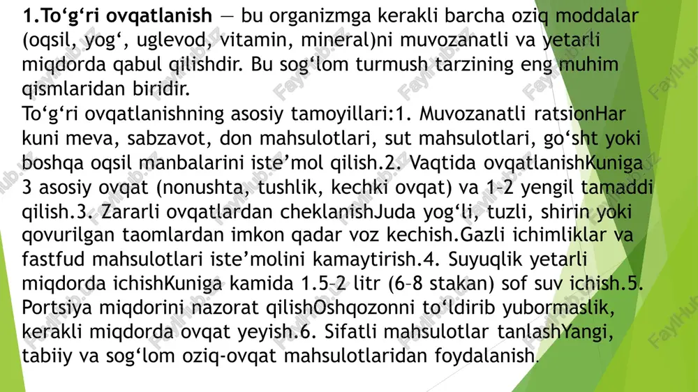 r tarixi va simptomlarini so‘raydi.2. qon tahlillarikichik va katta qon tahlillari orqali organizmdagi turli moddalar, xususan qand miqdori, lipidlar (yog‘lar), gemoglobin va boshqa elementlarning holati tekshiriladi.3. ekg (elektrokardiyogramma)yurak faoliyatini tekshirish, yurak ritmi va boshqa muammolarni aniqlash uchun amalga oshiriladi.4. rentgen, ultratovush yoki mrto‘pka, jigar, buyraklar va boshqa organlarni tekshirish uchun qo‘llaniladi.5. saraton markerlarisaratonni erta aniqlash uchun maxsus tahlillar.6. qon bosimi va xolesterin tekshiruvlariqon bosimining yuqori yoki pastligini aniqlash va xolesterin darajasini baholash.7. vitaminoz va mineral o‘zgarishlarni tekshirishvitaminlar (masalan, d vitamini) va minerallar (masalan, temir) darajalarini o‘lchash. muntazam tibbiy ko‘riklar tavsiya etilganlar: kattalar: har yili yoki kamida 2 yilda bir marta umumiy tibbiy tekshiruvdan o‘tish zarur. ayollar: mammografiya, pap-smear va ko‘krak saratoniga qarshi tekshiruvlar (30 yoshdan yuqori). erkaklar: prostata saratoni uchun tekshiruvlar (50 yoshdan yuqori). ko‘rikdan o‘tishning foydalari:erta kasalliklar aniqlanadi va davolash imkoniyatlari kengayadisalomatlikni saqlash va muammolarni oldini olish imkoniyatipsixologik va jismoniy holatni yaxshilash sog‘lom turmush tarzini shakllantirishda shifokorning o‘rni juda …