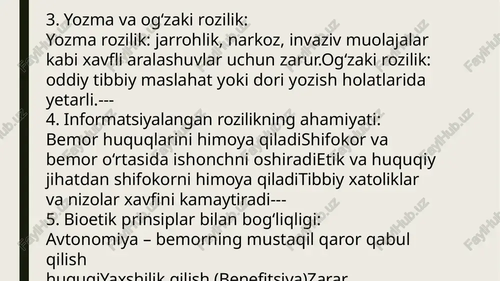 ladorlikning 12- haftasigachatibbiy yoki ijtimoiy ko‘rsatmalar asosida — homiladorlikning 22- haftasigachatibbiy sabablar: onada og‘ir kasallik, homilada rivojlanish nuqsonlariijtimoiy sabablar: zo‘rlash holatlari, turmush o‘rtog‘ining vafoti, yetim qolish xavfi informatsiyalangan rozilik har qanday abortdan oldin ayolga muolaja haqida to‘liq ma’lumot beriladi, shundan keyin u yozma ravishda rozilik beradi.shifokorlar ayolga:muolajaning mohiyati,salbiy oqibatlari,psixologik va sog‘liq bilan bog‘liq risklari haqida tushuntirishlari kerak.--- voyaga yetmaganlar (18 yoshgacha)abort uchun ota-ona yoki qonuniy vakilining roziligi talab etiladi. 5. bioetik yondashuv abort masalasi bioetik tamoyillar bilan bog‘liq:avtonomiya: ayol o‘z tanasi va reproduktiv huquqi bo‘yicha mustaqil qaror qabul qilishga haqli.zarar yetkazmaslik: abortning sog‘liq uchun xavfi hisobga olinadi.adolat: barcha ayollarga teng sharoitda va xavfsiz xizmatlar taqdim etilishi lozim. 6. qonuniy bo‘lmagan abortlar (kriminal abortlar)ruxsatsiz, nolegal muassasalarda yoki mutaxassis bo‘lmaganlar tomonidan o‘tkazilgan abortlar — sog‘liq va hayot uchun katta xavf tug‘diradi.bunday holatlar jinoyat deb baholanadi va qonun bilan jazolanadi. xulosa: o‘zbekistonda homiladorlikni to‘xtatish masalasio‘zbekistonda homiladorlikni to‘xtatish (abort) qonuniy tartibga solingan bo‘lib, ayolning …